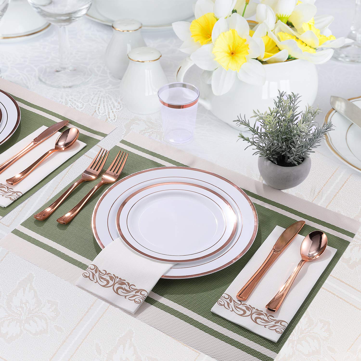 FOCUSLINE 350 Ct Disposable Dinnerware Set for 50 Guests -Heavy Duty Plastic Plates with Gold Rim, Includes 50 Dinner & Salad Plates, Cups, Napkins, Cutlery Set