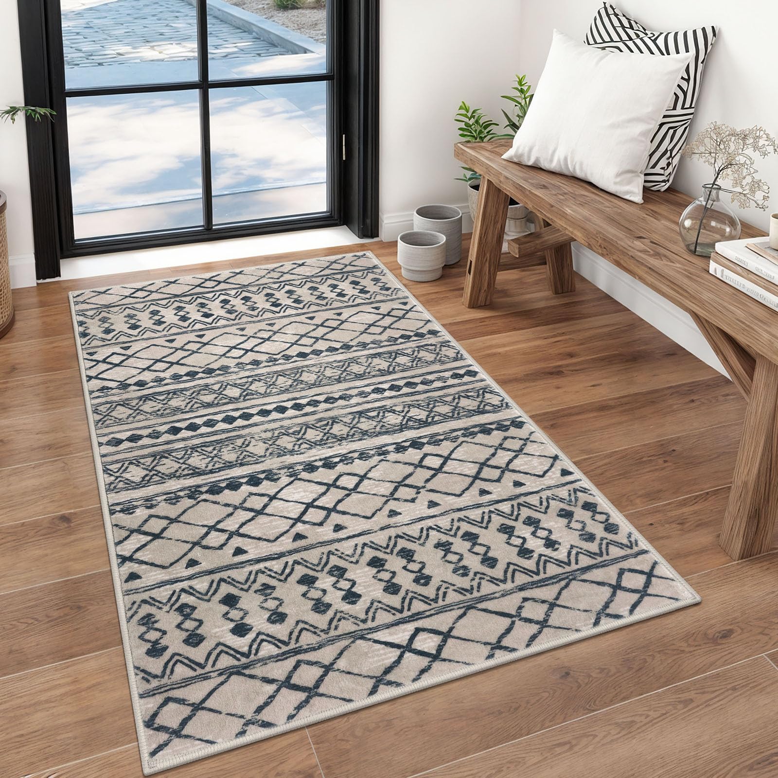 KUTA Washable Non-Slip Rugs for Entryway 2x3, Grey Moroccan Boho Small Area Rug, Ultra Soft Vintage Geometric Low-Pile Indoor Door Mat Floor Carpet for Indoor, Entrance, Kitchen, Bathroom, Bedroom