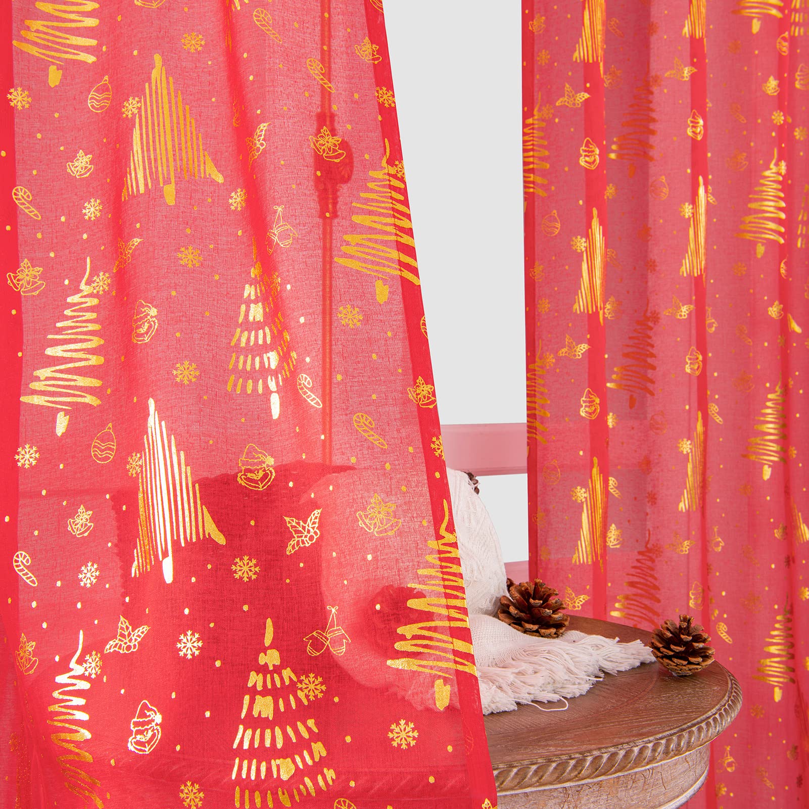Topfinel Red Christmas Decorations for Home, Sheer Curtains 84 Inch Length for Kids/Living Room 2 Panels Set, Christmas Bells, Snowflake, Santa Claus, Xmas Ball for Cortinas De Navidad Decor