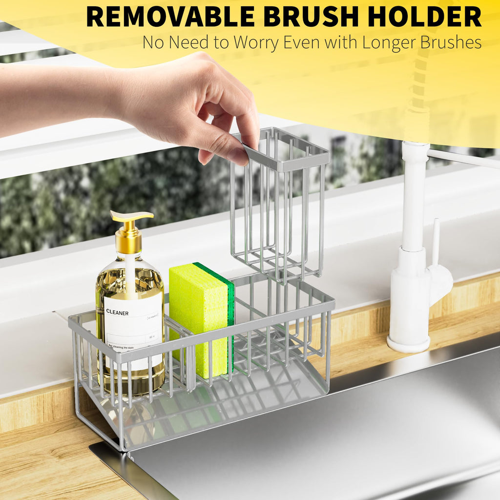 Cisily Sink Caddy Sponge Holder for Kitchen with Brush Holder and Stainless Steel Self Drain Tray, Rustproof Kitchen Sink Organizer for Sponge, Soap Dispenser Storage Accessories