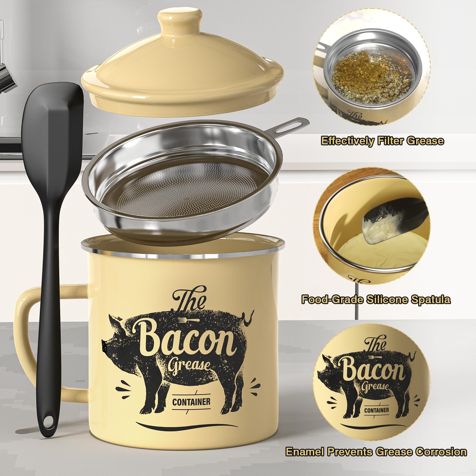 PGYARD Mini Bacon Grease Container With Strainer - 15OZ Enamel Grease Saver, Farmhouse Bacon Grease Keeper For Kitchen Fat Storage, Dishwasher Safe-Red