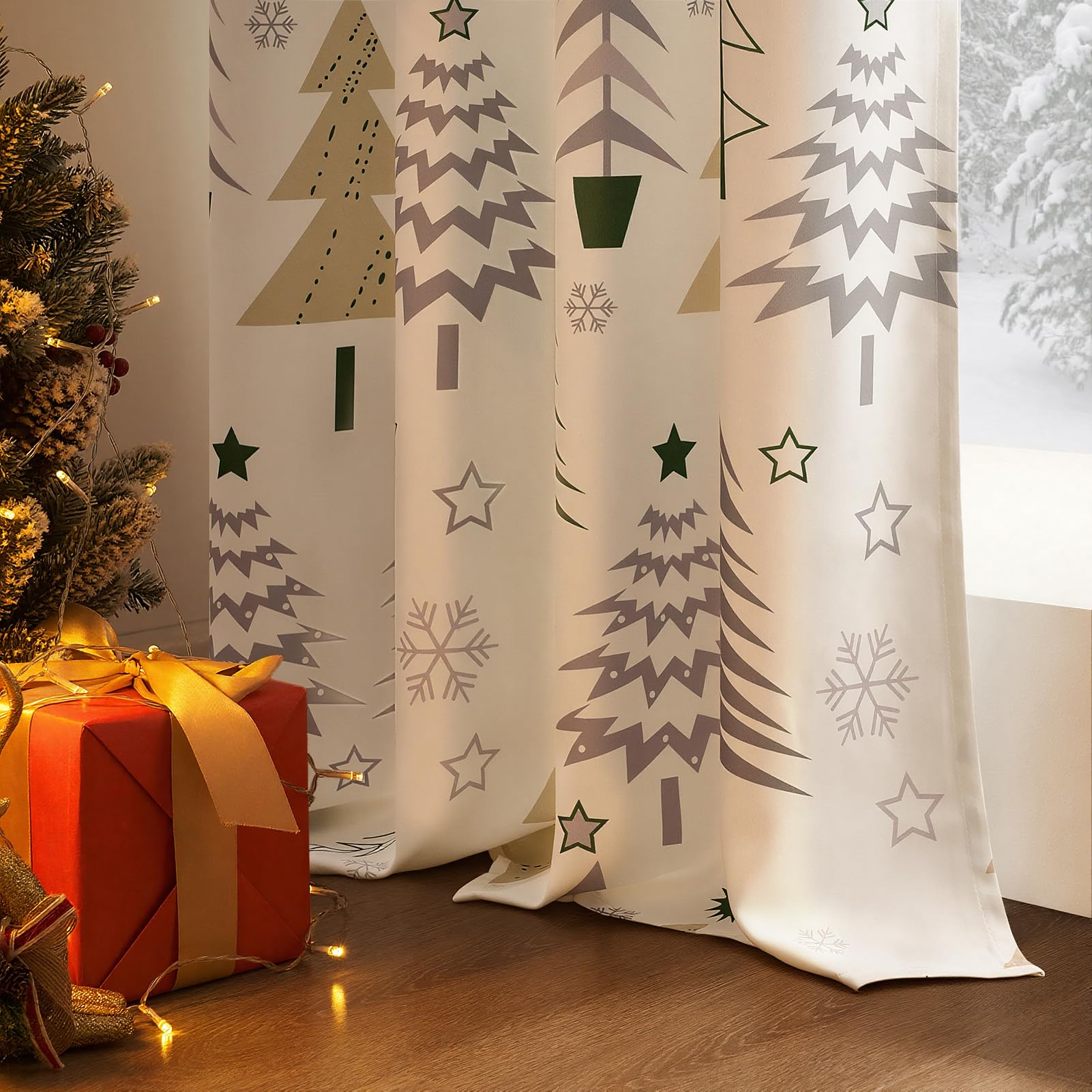 Topfinel Christmas Curtains 84 Inch Length for Living Room 2 Panels Set,Grommet Xmas Decoration Window Curtains with Christmas Tree and Snowflake Print for Bedroom,Set of 2,52x84 Inches Long,White