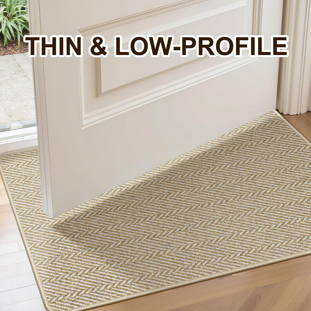 Ultra Thin Door Mat Indoor Entrance 17"x29", Low-Profile Indoor Door Mat, Non Slip Entry Mat Rubber Backing Unique Herringbone Design Inside Doormat Dirt Trapper Entryway Mats, Beige