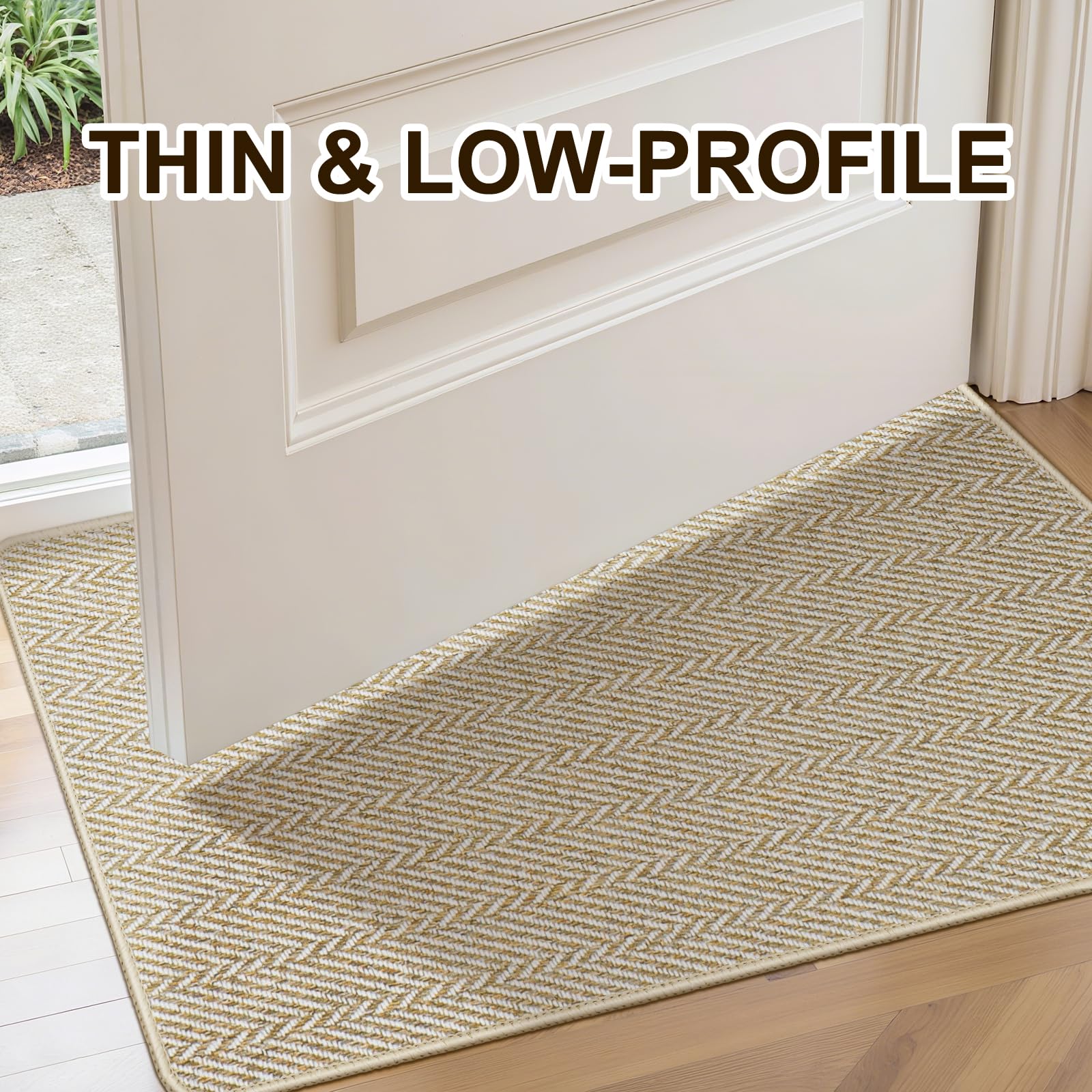 Ultra Thin Door Mat Indoor Entrance 17"x29", Low-Profile Indoor Door Mat, Non Slip Entry Mat Rubber Backing Unique Herringbone Design Inside Doormat Dirt Trapper Entryway Mats, Beige