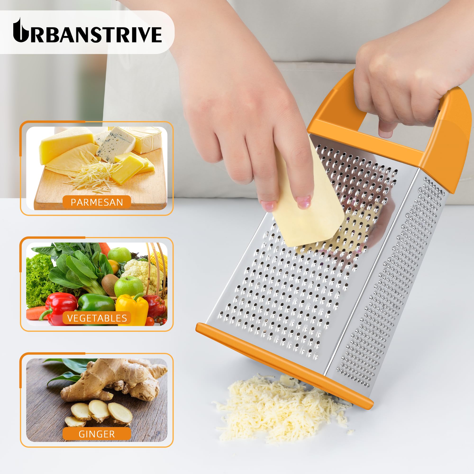 Urbanstrive Cheese Grater With Container Box Grater Stainless Steel Graters for Kitchen Cheese Shredder Parmesan Shredder Kitchen Gadgets Kitchen Tools Kitchen Gifts for Chef Dishwasher Safe Zester