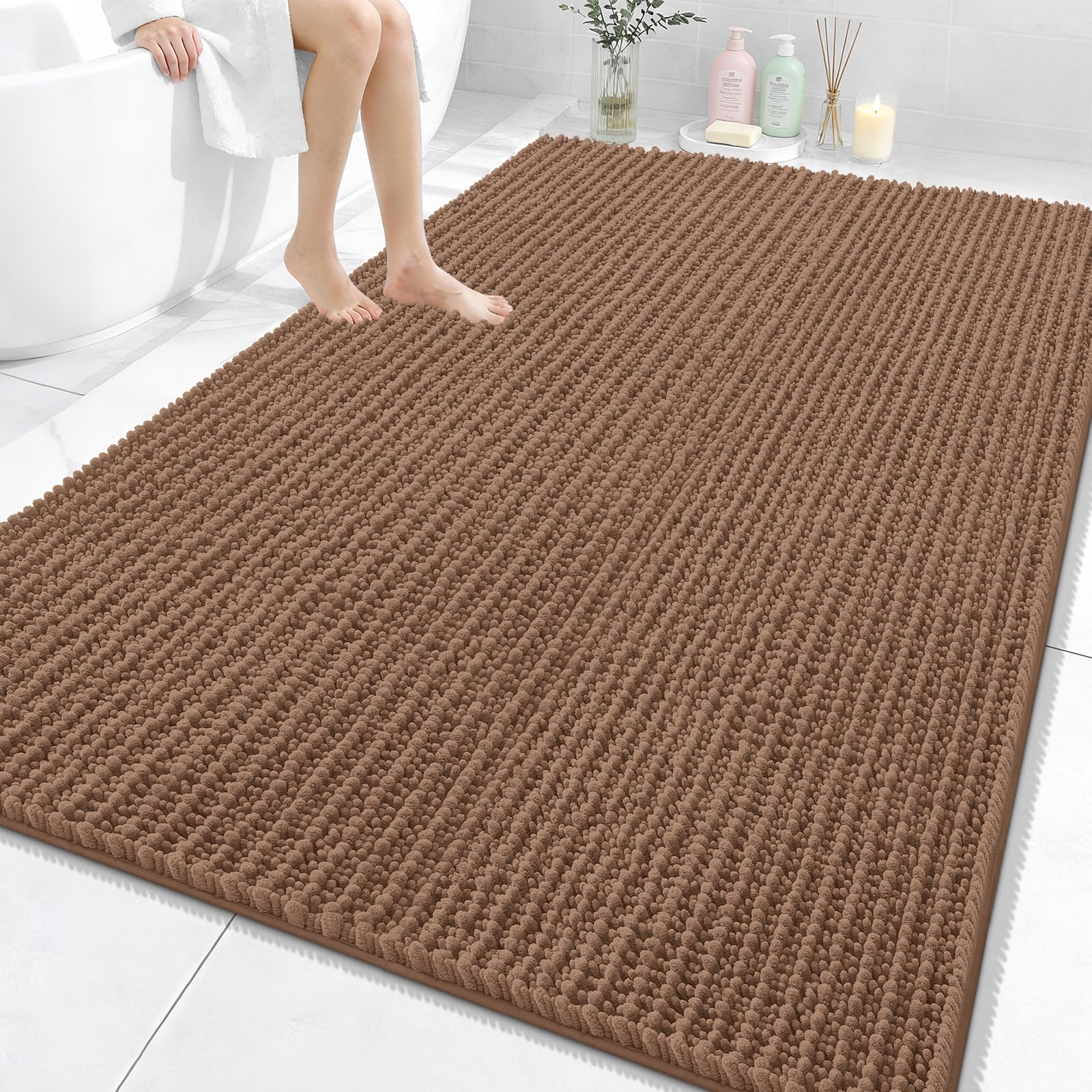OLANLY Bathroom Rug Mat 30x20, Thick Soft and Absorbent Chenille Bath Mat, Non-Slip Rubber Backing, Machine Washable Quick Dry Bath Rugs for Tub Shower Floor, Home Decor Accessories, Grey