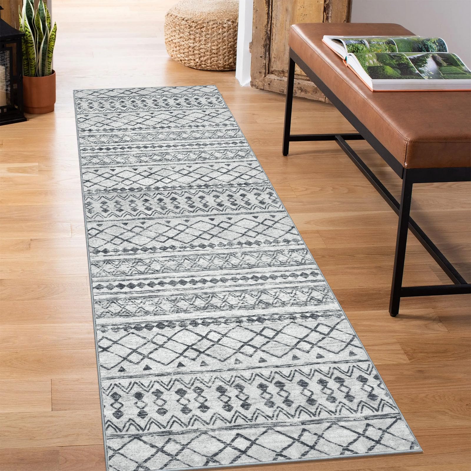KUTA Washable Non-Slip Rugs for Entryway 2x3, Grey Moroccan Boho Small Area Rug, Ultra Soft Vintage Geometric Low-Pile Indoor Door Mat Floor Carpet for Indoor, Entrance, Kitchen, Bathroom, Bedroom