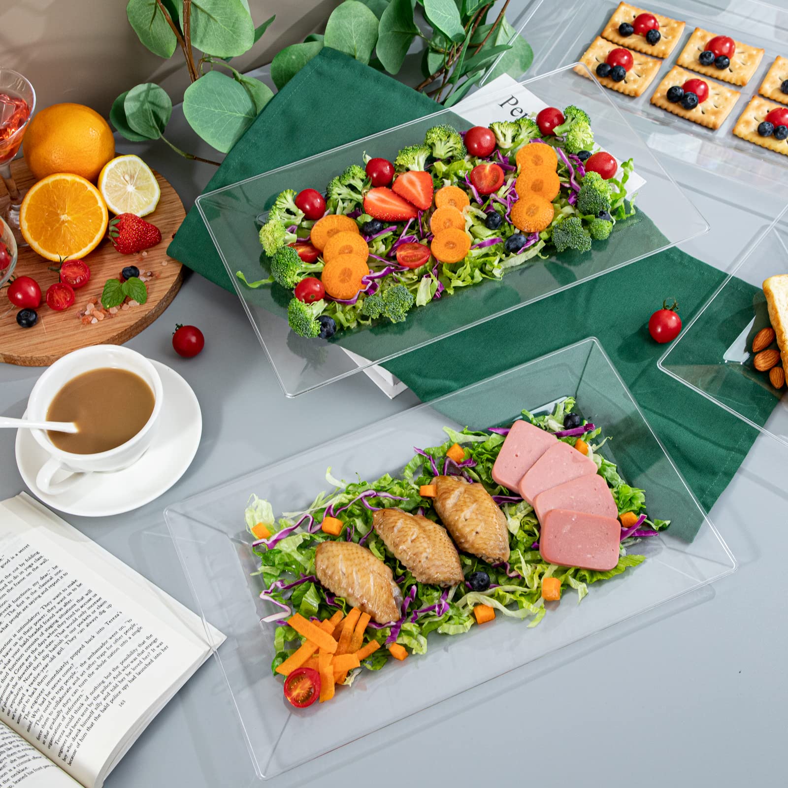 DaYammi 12 Pack Plastic Serving Trays, Heavy Duty Clear Plastic Serving Platters 13”×8” Rectangle Disposable Serving Platters and Trays for Parties, Wedding, Birthday, Dessert Table, Cupcake