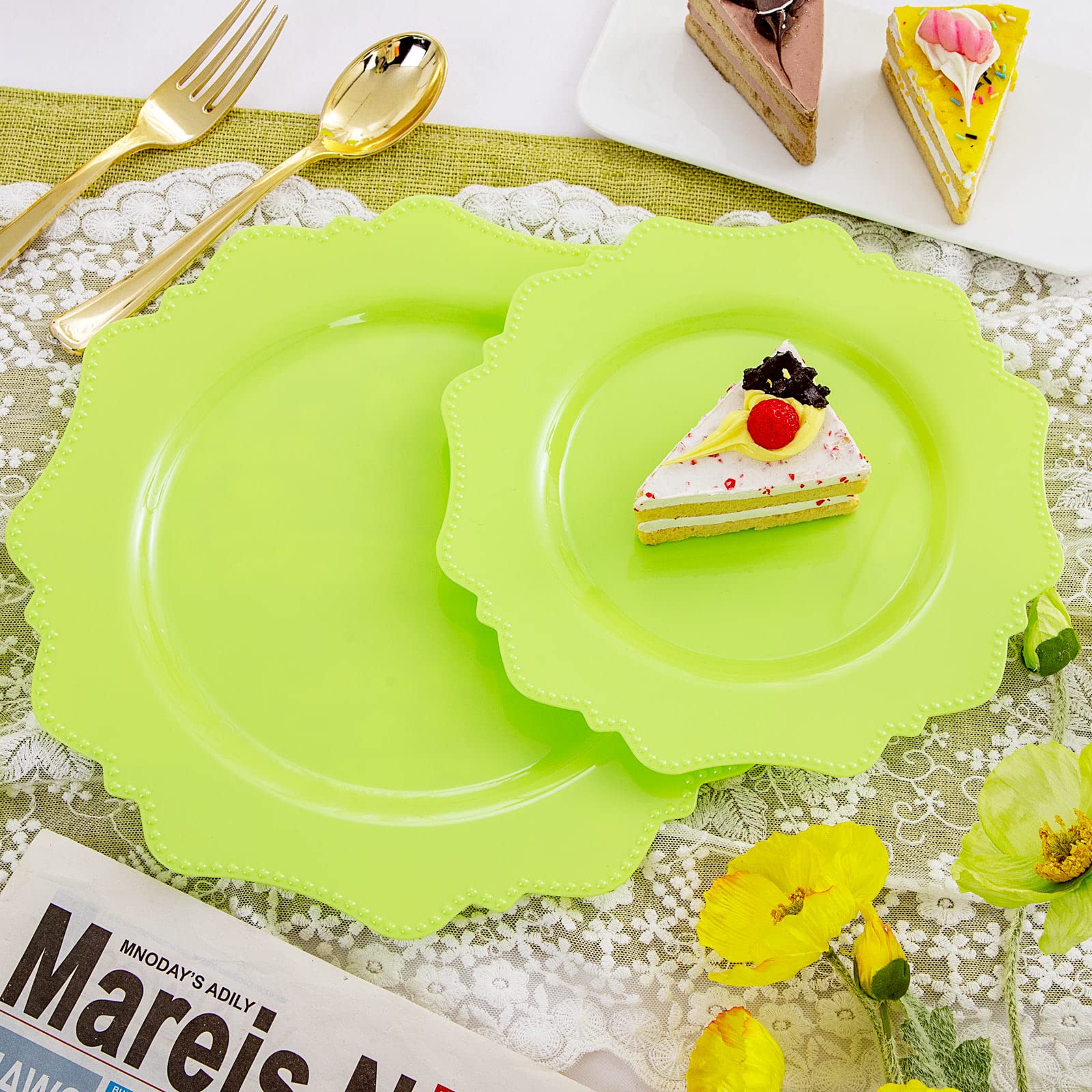 COLOSUS 60PCS White Plastic Plates for 30 guests-Fancy Plastic Beaded Plates,Plastic Plates for Party, Elegant White plates,Include 30 PCS 10.5" Dinner plates & 30PCS 8.25" Dessert plates for easter