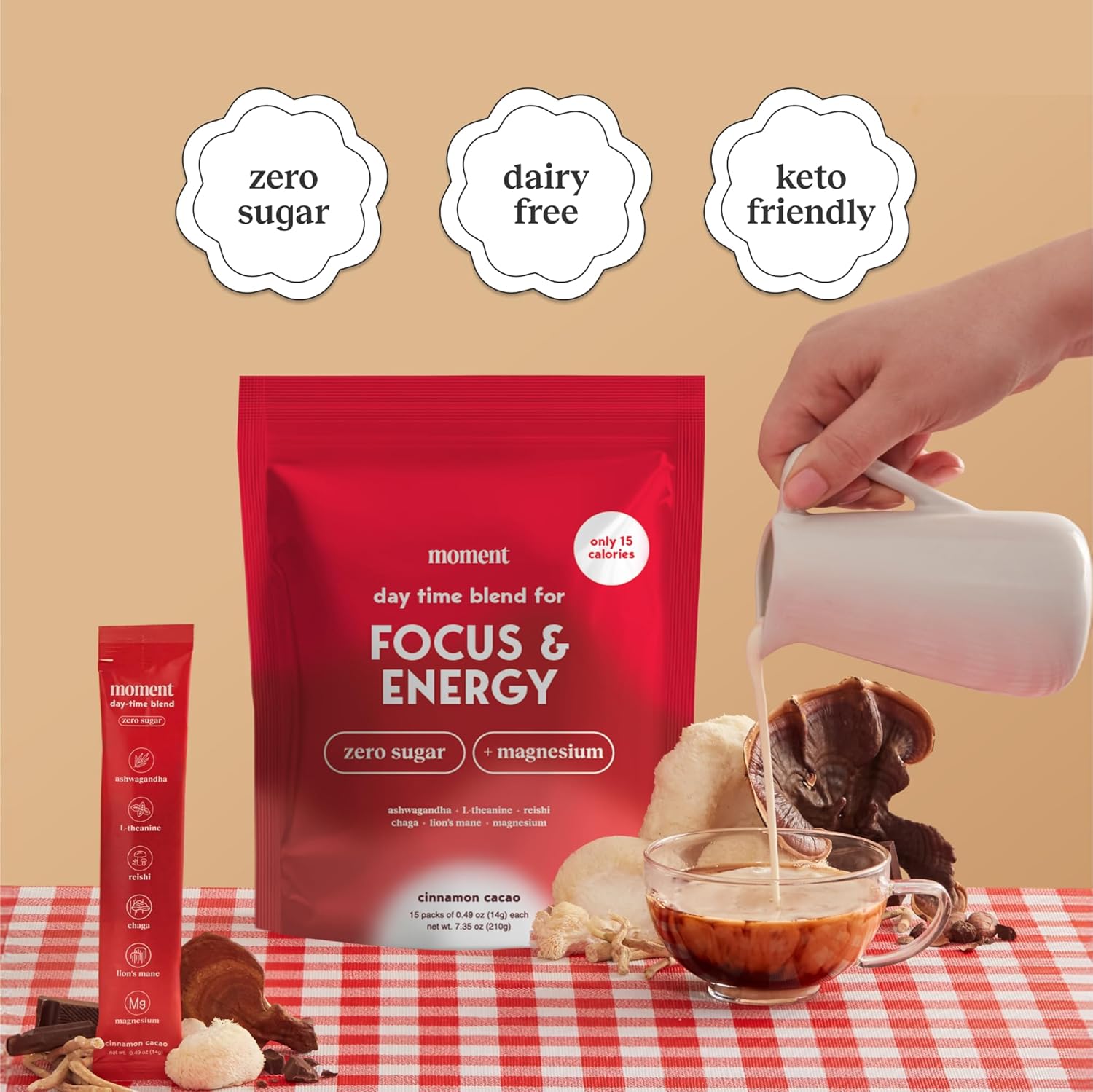 Moment Morning Energy Chai (Shark Tank) | Coffee Alternative with Cacao, Adaptogens & Mushrooms | Zero Sugar Powder | Ashwagandha, Chaga, Lions Mane, L-theanine for Focus | Keto | 15 Servings