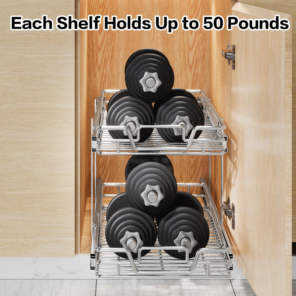 2-Tier Kitchen Cabinet,Pull Out Cabinet Organizer,Shelf and Drawer Organizer Slide Out Pantry Storaqe Basket in Multiple Sizes (12" W x21 D)
