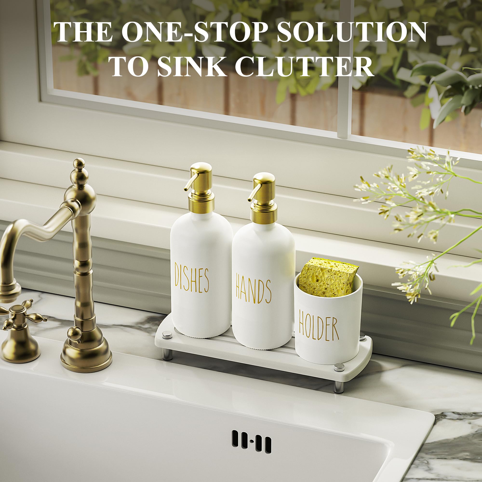 Cisily Kitchen Soap Dispenser Set Comes with Ceramics Sponge Holder, Gold Pumps, and Instant Dry Tray, Hand and Dish Soap Dispenser Set (4, Gold + White + Sponge Holder)