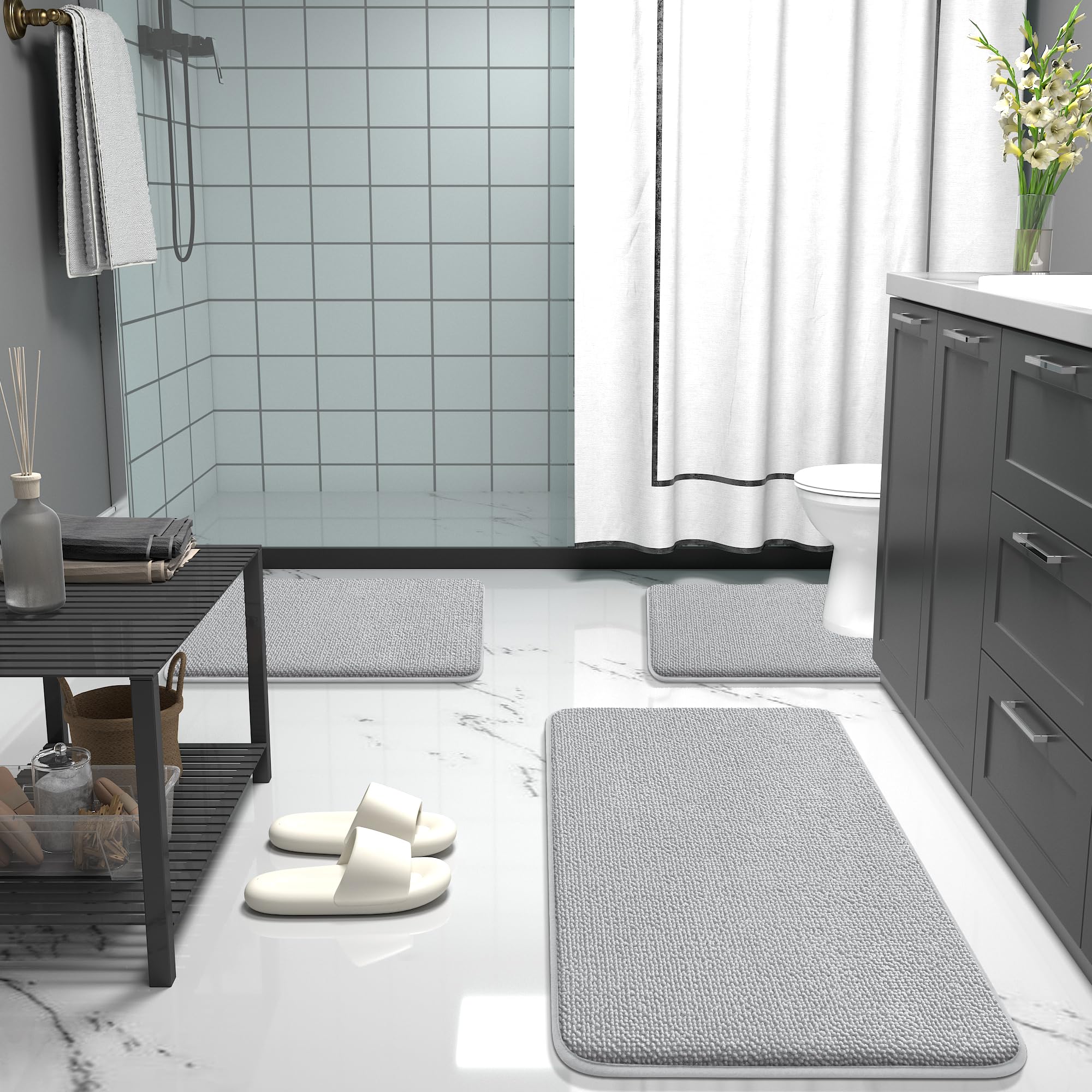 OLANLY Bathroom Rugs Sets 2 Piece, Soft Absorbent Memory Foam Bath Rug Set, Non-Slip, Quick Dry, Machine Washable Bath Mats for Bathroom, Home Decor Accessories (30"x20"+24"x16", Grey)