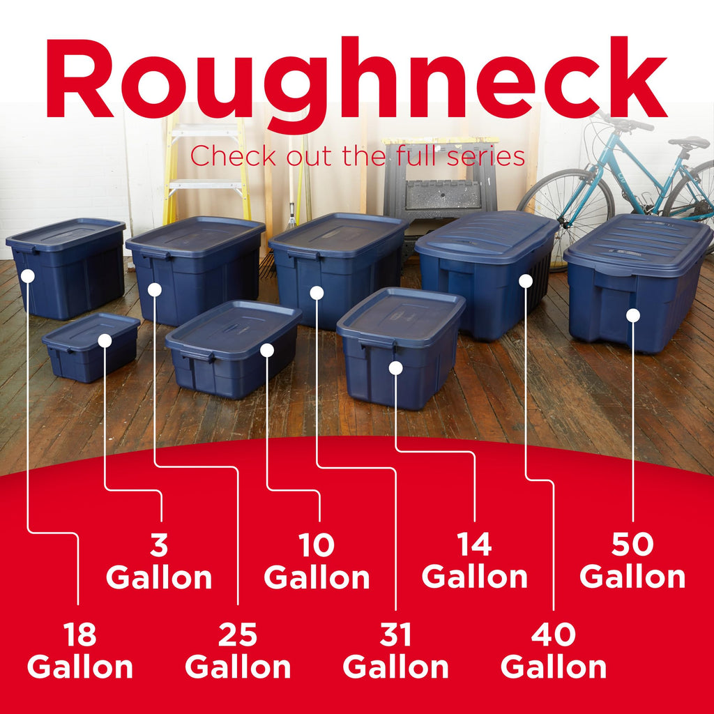 Rubbermaid Roughneck Tote 14 Gal, 6 Pack, Made in USA, Dark Indigo Metallic, Rugged Plastic Stackable Storage Bins with Lids and Handles