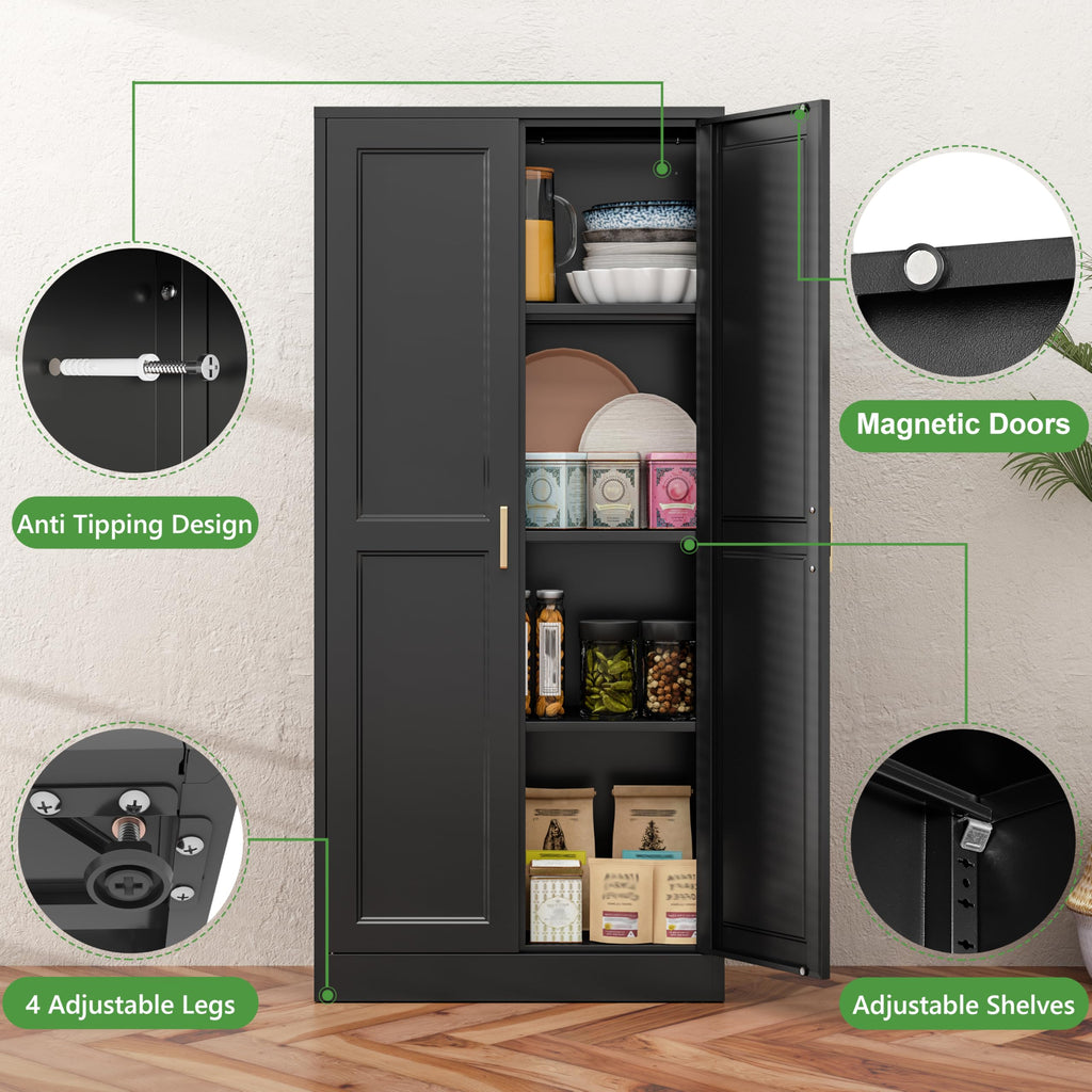 75" Tall Metal Kitchen Storage Cabinet,White Kitchen Pantry Storage Cabinet with Doors and 4 Adjustable Shelves,Utility Cabinet for Living Room,Garage,Dining Room and Office,Assemble Required