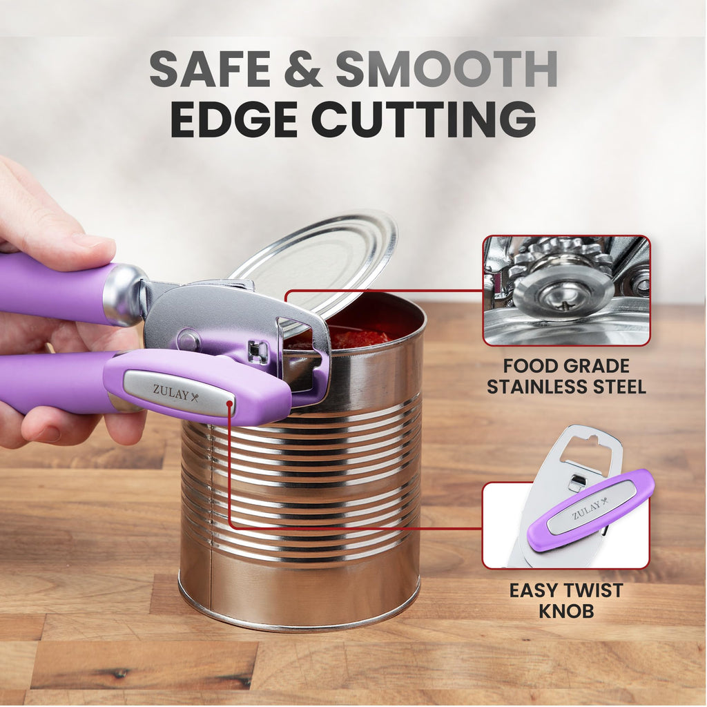 Zulay Kitchen COMFY™ Can Opener Manual with Bottle Opener - Rust Proof Stainless Steel Manual Can Opener With Turn Knob & Comfy Soft Grip Handles - Black