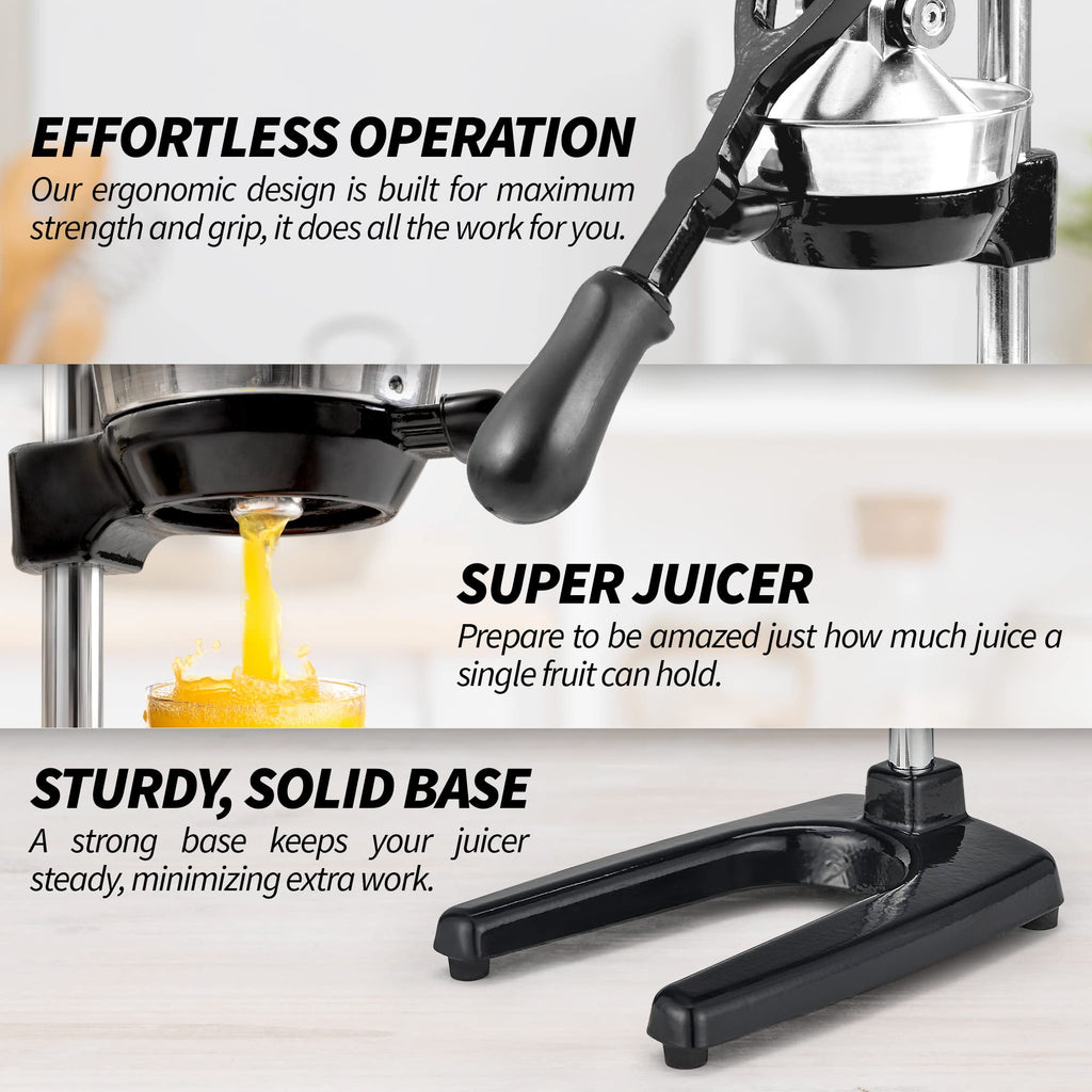 Zulay Kitchen Cast Iron Juicer - Easy-to-Clean Heavy-Duty Manual Juicer, Professional Citrus Juicer - Stainless Steel Lemon Squeezer - Manual Citrus Press & Orange Squeezer - Orange Juicer (Black)