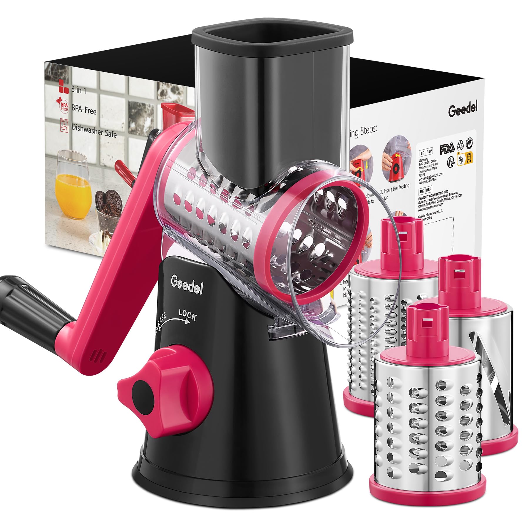 Geedel Rotary Cheese Grater, Kitchen Mandoline Vegetable Slicer with 3 Interchangeable Blades, Easy to Clean Rotary Grater Slicer for Fruit, Vegetables, Nuts