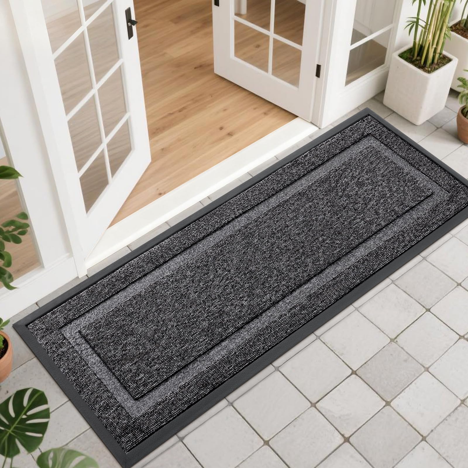 OLANLY Front Door Mat Indoor Outdoor Entrance, Waterproof All-Season, All-Weather Doormat, Sturdy Natural Rubber, Fade Resistant, Low Profile, Easy Clean Patio Porch Entryway Mat, 29.5x17, Black