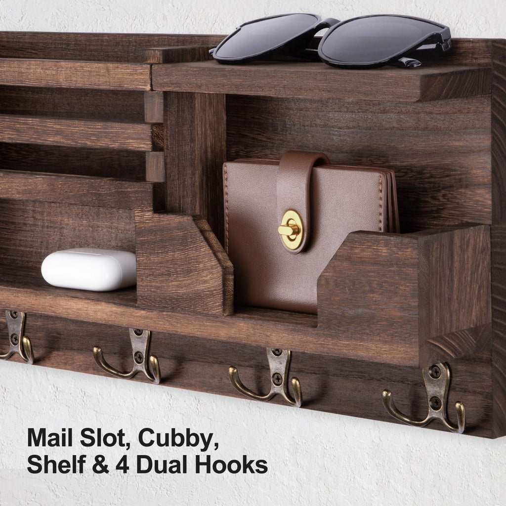Mail and Key Holder for Wall – Decorative 15.9” x 8.7” x 3.2” Entryway Organizer with Shelf – Paulownia Wood with 4 Dual Hooks Includes Mounting Hardware and Installation Guide