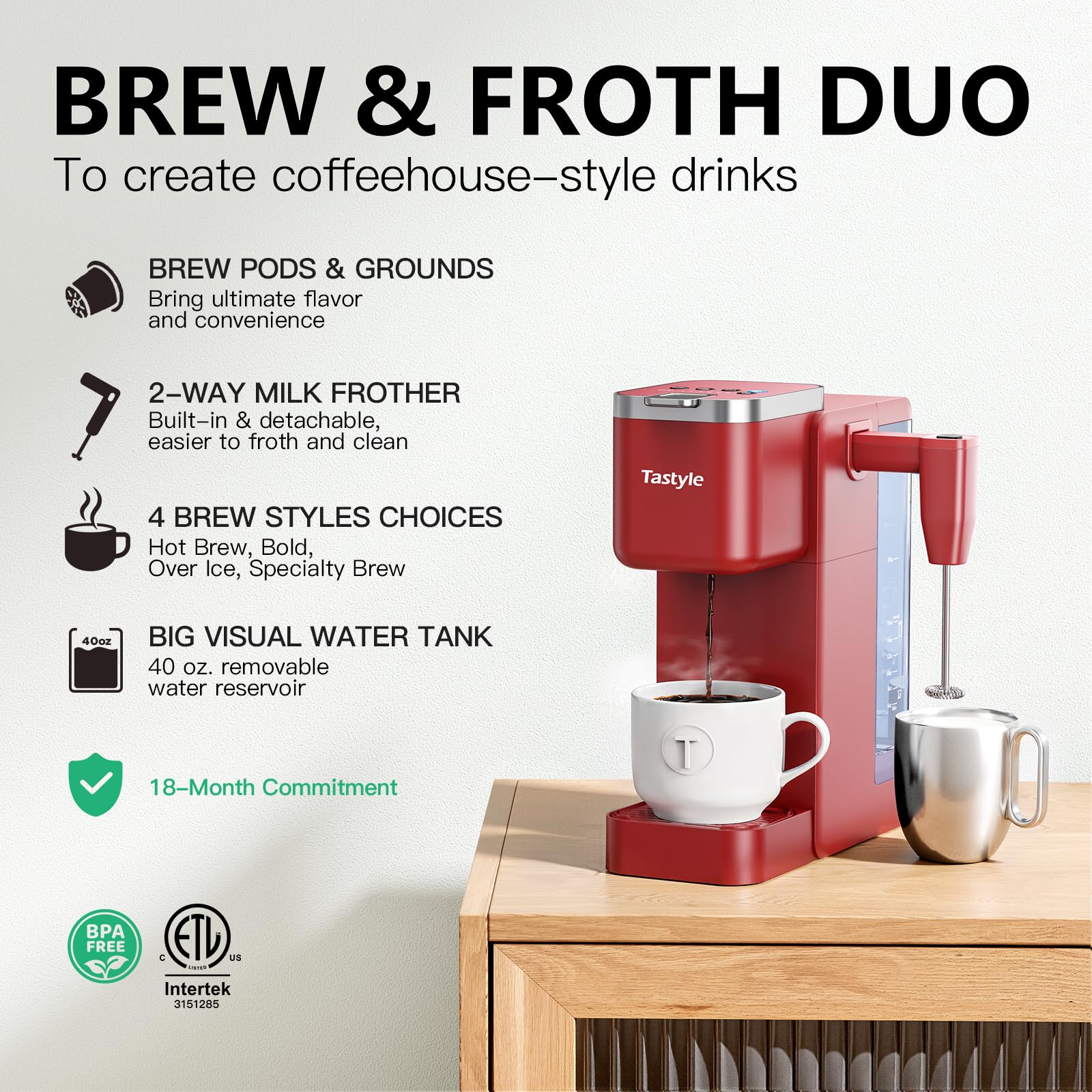 Tastyle 330MF Single Serve Coffee Maker with Built-in Detachable Milk Frother, Iced and Hot Coffee Machine for K Cup & Grounds, 40oz Removable Water Reservoir, 6 Cup Sizes, Fits 7.3" Travel Mug, Black