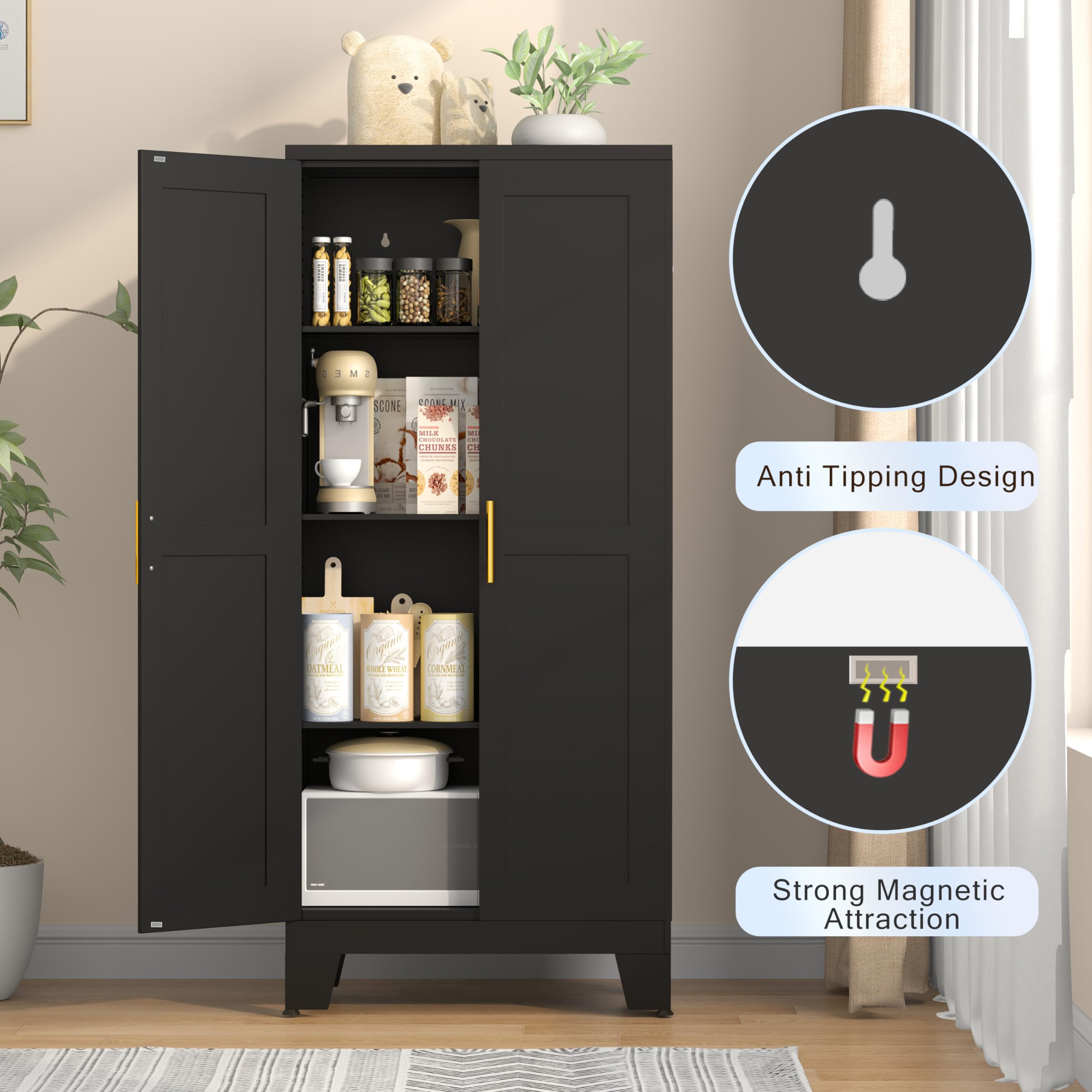 GAIOUS Metal Pantry Cabinet, Kitchen Pantry Storage Cabinets with 2 Door and 3 Adjustable Shelves, White Kitchen Pantry Cabinet, Freestanding Cupboard for Dining Room Living Room Bathroom