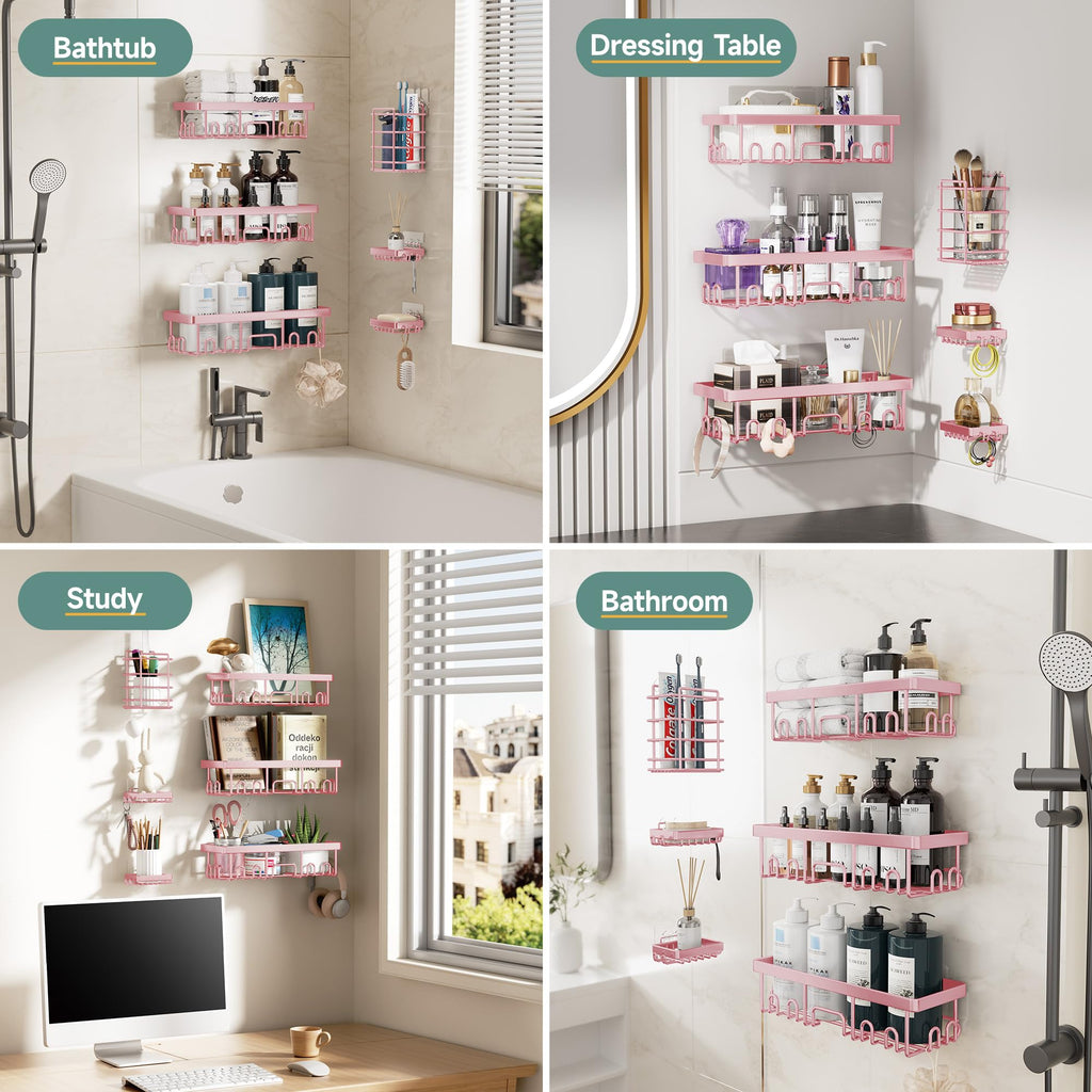 Veken Shower Caddy 6-Pack, Advanced Rustproof Design, No Drilling Adhesive Shelves, Rack with Soap Holder, Large Capacity Bathroom Organizers and Storage, Wall-Mounted Kitchen & Home Decor