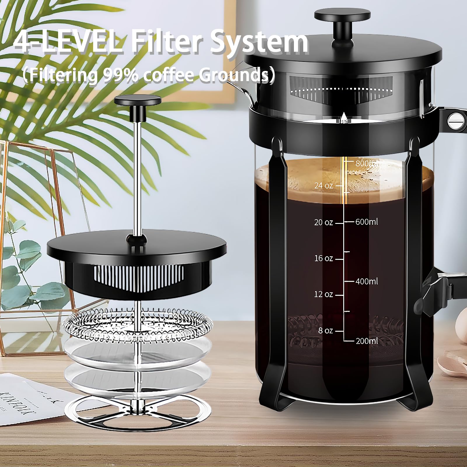 YMMIND French Press Coffee Maker 304 Stainless Steel Coffee Press,with 4 Filters System, Heat Resistant Thickness Borosilicate French Press Glass, BPA-Free Brewed Tea Pot Coffee Plunger(Copper 12oz)