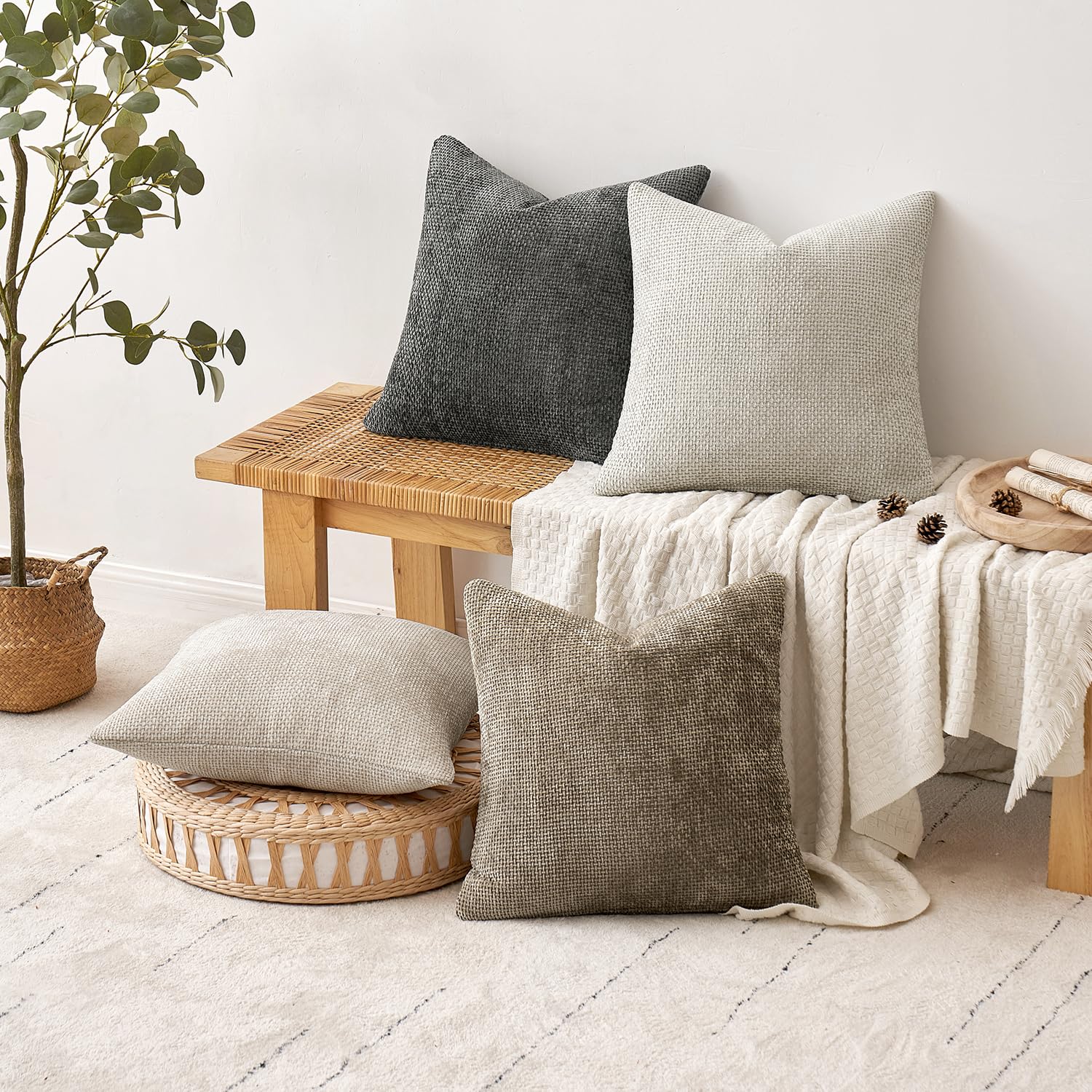 MIULEE Pack of 4 Couch Throw Pillow Covers 18x18 Inch Neutral Blue Soft Decorative Chenille Pillow Covers Farmhouse Accent Cushion Covers for Boho Western Spring Coastal Decor Sofa Bed Living Room
