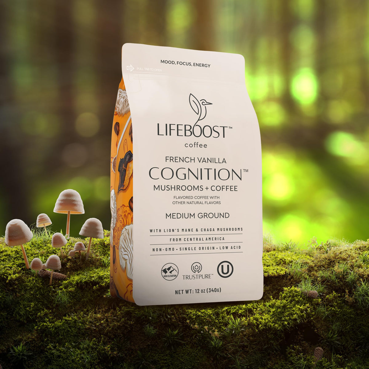 Lifeboost Cognition Mushroom Ground Coffee, Organic Low Acid, 12oz