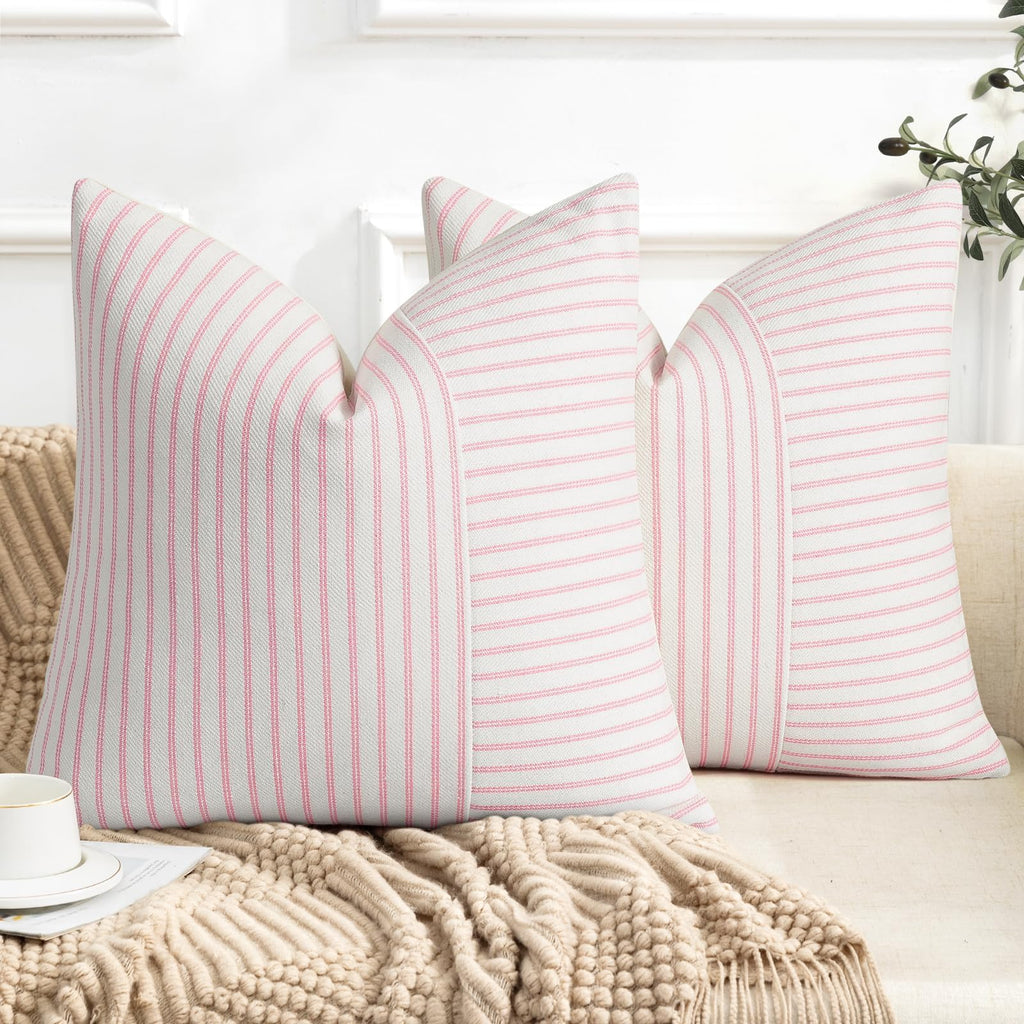 YCOLL Farmhouse Pillow Covers 18x18, Modern Accent Square Throw Pillow Covers Set of 2, Gray and Beige Striped Patchwork Linen Decorative Pillows Cushion Covers for Couch Chair Bedroom Home Decor