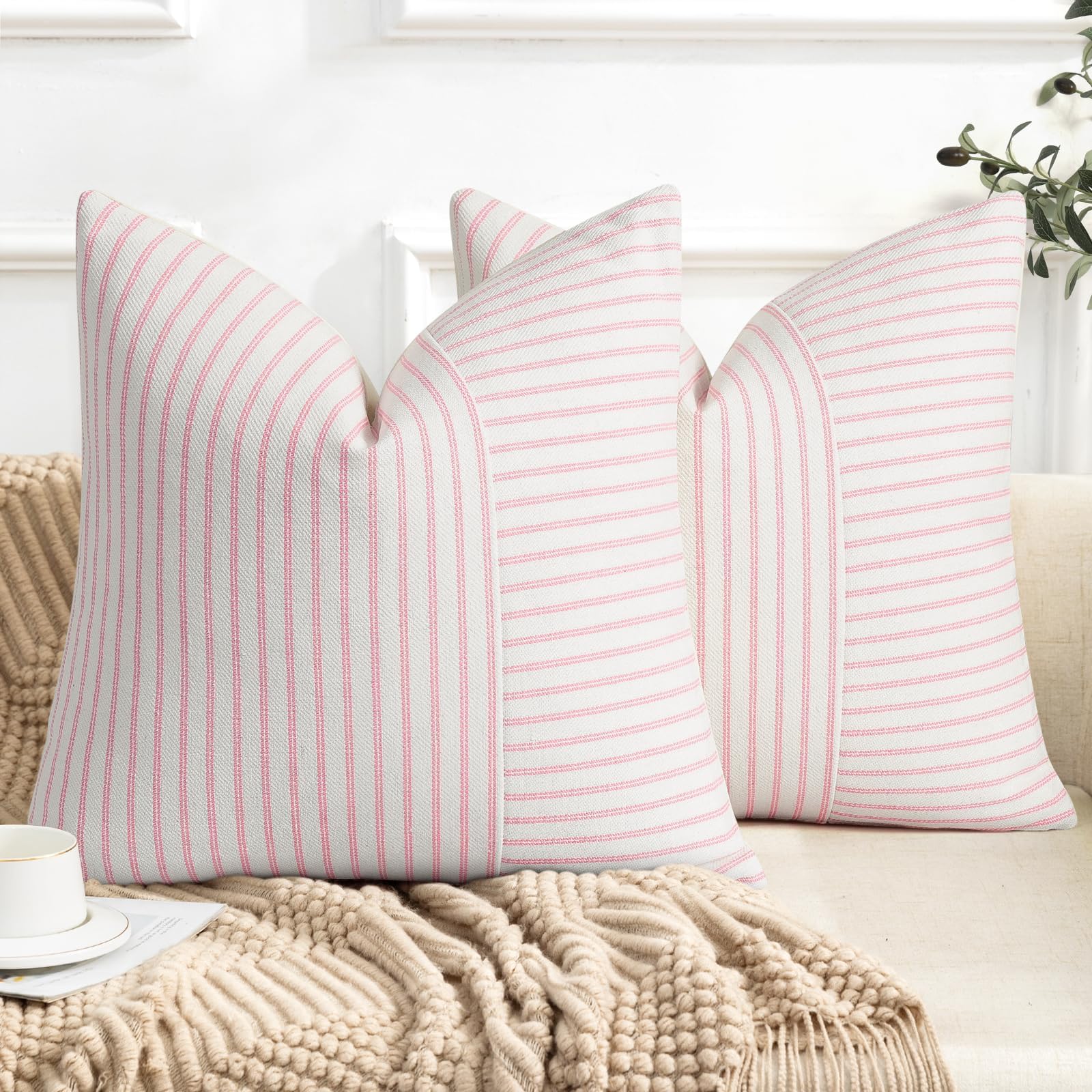 YCOLL Farmhouse Pillow Covers 18x18, Modern Accent Square Throw Pillow Covers Set of 2, Gray and Beige Striped Patchwork Linen Decorative Pillows Cushion Covers for Couch Chair Bedroom Home Decor