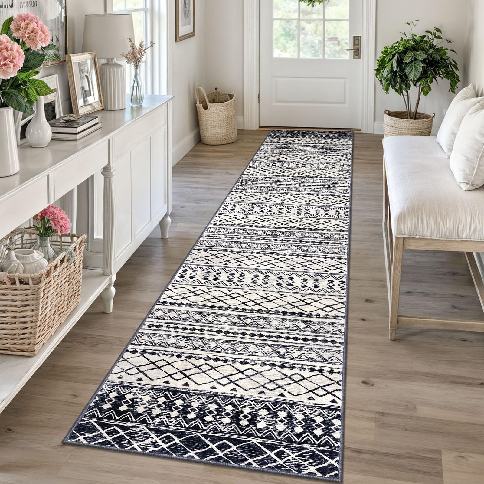 KUTA Washable Non-Slip Rugs for Entryway 2x3, Grey Moroccan Boho Small Area Rug, Ultra Soft Vintage Geometric Low-Pile Indoor Door Mat Floor Carpet for Indoor, Entrance, Kitchen, Bathroom, Bedroom