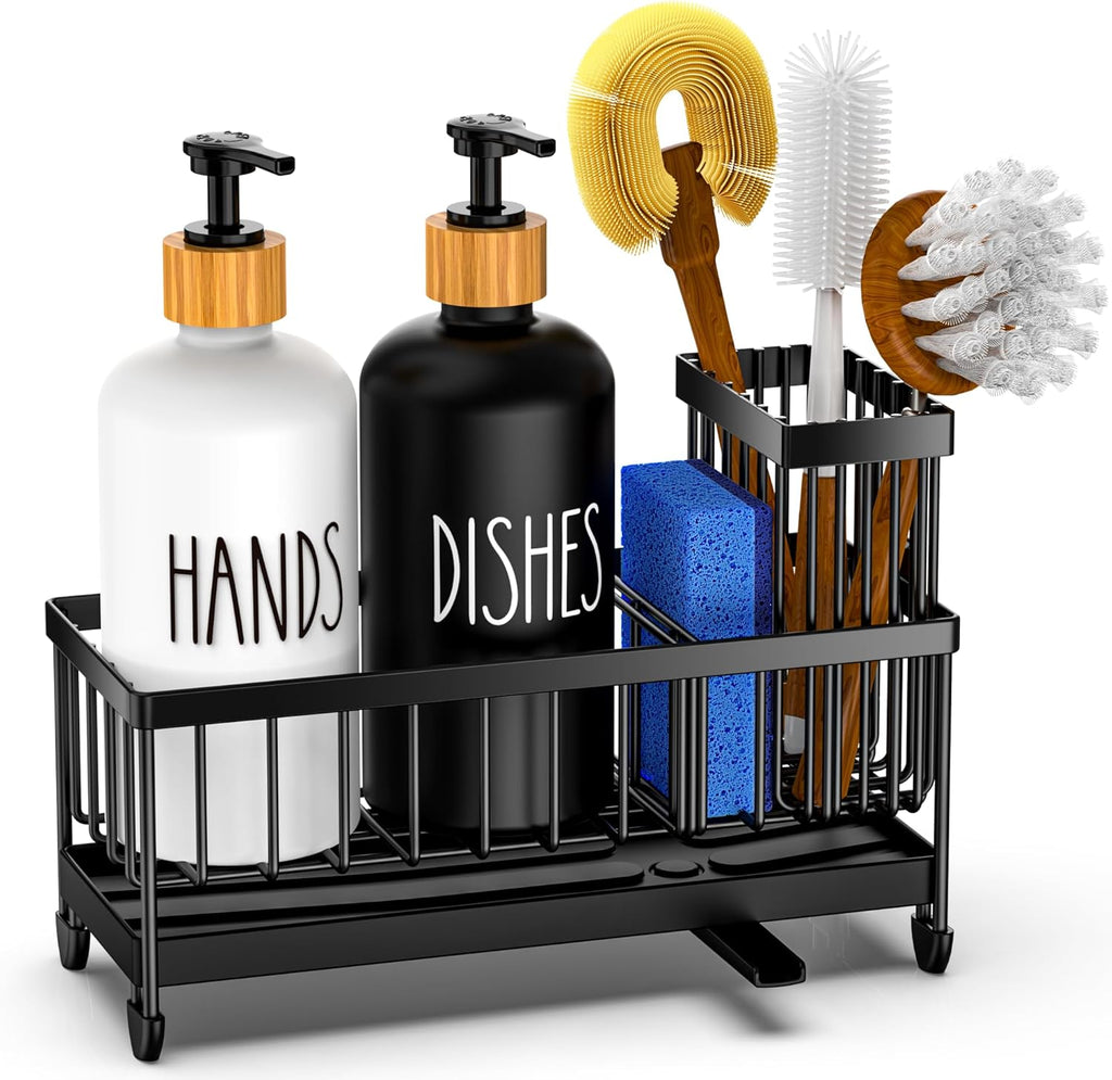 Cisily Kitchen Soap Dispenser Set with Sink Caddy, 17 Oz Glass Bottle, Hand and Dish Soap Dispenser Set with Sponge Holder, Black Stainless Steel Rustic Kitchen Countertop Sink Organizer Accessories