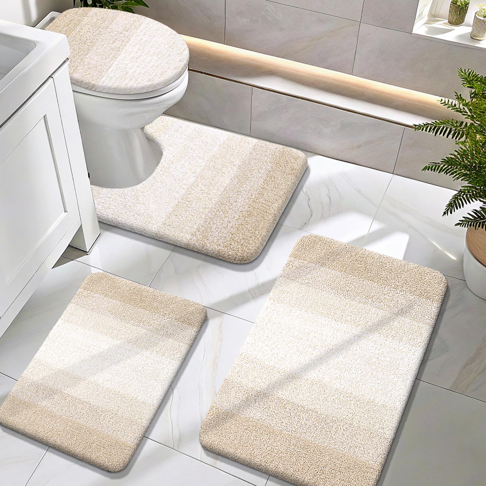 OLANLY Bathroom Rugs Sets 4 piece, Soft Microfiber Absorbent Bath Mat, U-Shaped Contour Toilet Mat and Toilet Lid Cover, Quick Dry, Machine Washable, Toilet Cover and Rug Set for Bathroom, Grey