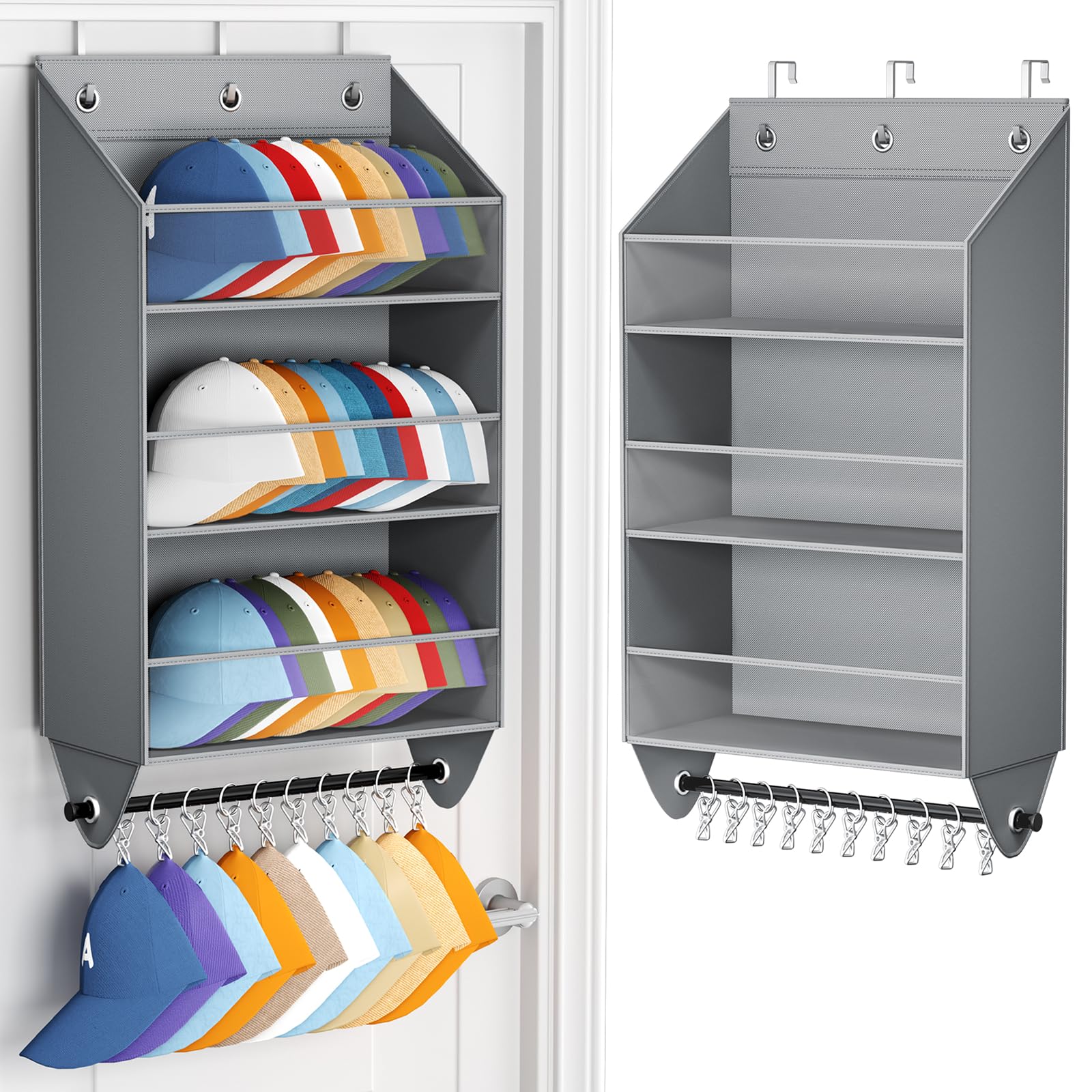 Homsorout Over the Door Hat Rack - 3-Layer Design Hat Organizer Holds 30-36 Hats with 10 Hooks, Ideal Hat Rack for Door, Over the Door Organizer for Closet, Apartment, Bedroom, Dorm, 1 Pack, Black