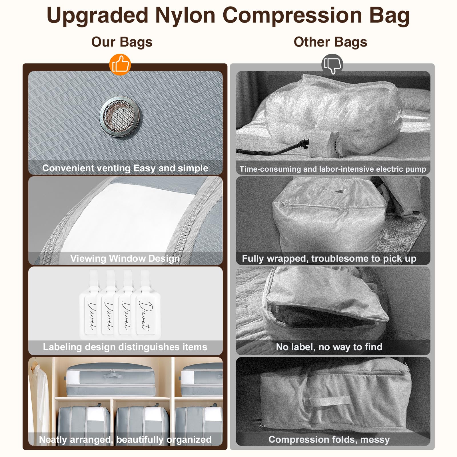 Homsorout 4 Pack Compression Storage Bags - 110L Large Capacity Comforter Storage Bag, 3-Layer Washable Ultra Space Saving Self Compression Organizer Space Bags for Blanket, Sweater, Sheet, Black