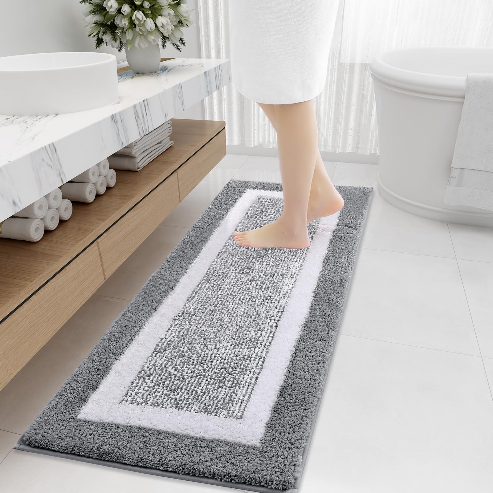 OLANLY Small Bathroom Rugs 24x16, Extra Soft and Absorbent Microfiber Bath Rugs, Non-Slip, Machine Washable, Quick Dry Shaggy Bath Carpet, Bath Mats for Bathroom Floor, Tub, Shower, Grey