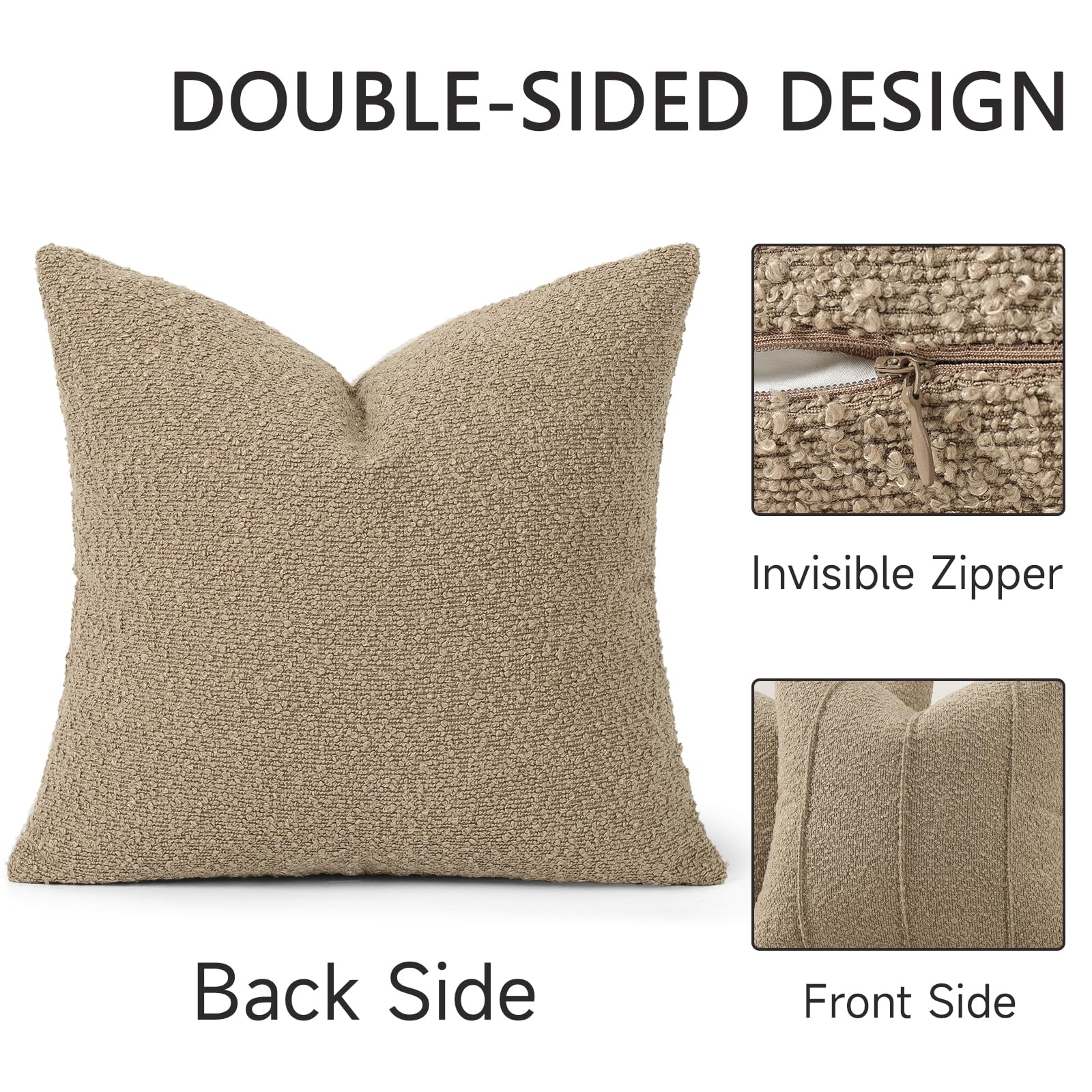 YCOLL Textured Boucle Throw Pillow Covers 20x20 Pack of 2 - Soft Neutral Striped Cushion Covers, Cozy Accent Decorative Pillow Covers for Couch, Sofa, Bed, Living Room (Beige)