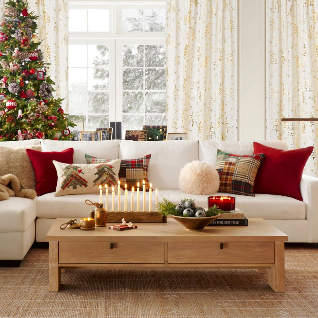 96 inches Long Red christmas curtains velvet for Living Room, Printed with Grinch & Tree Pattern Thermal Insulated Blackout Curtains drapes for winter 96 inch length 2 Panels Set cortinas navideas