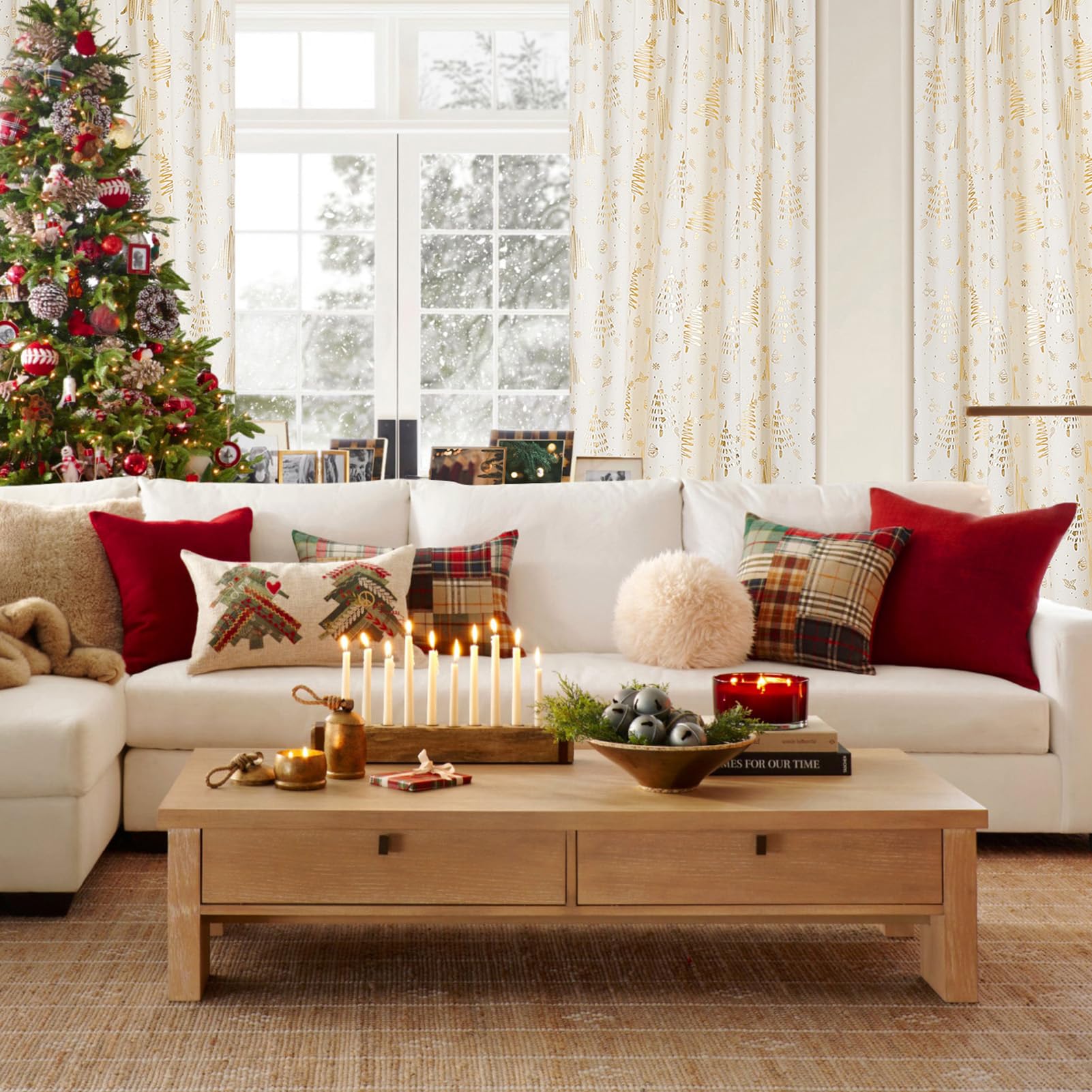96 inches Long Red christmas curtains velvet for Living Room, Printed with Grinch & Tree Pattern Thermal Insulated Blackout Curtains drapes for winter 96 inch length 2 Panels Set cortinas navideas