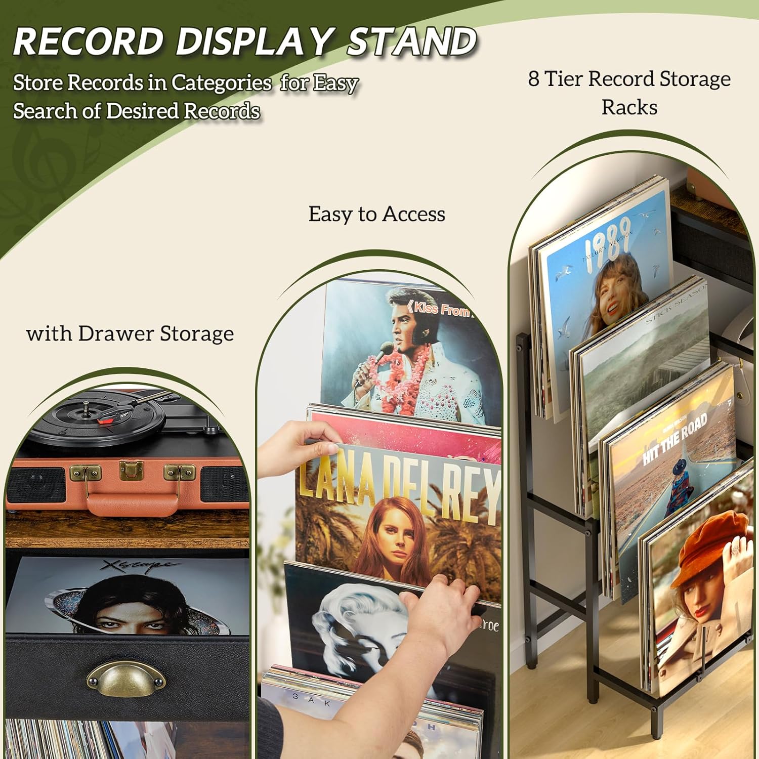 Record Player Stand with Vinyl Storage, Record Player Table with 8-Tier Display Shelf Up to 200 Albums, Vinyl Record Stand with Record Player Cabinet,Turntable Stand with Record Holder for Living Room
