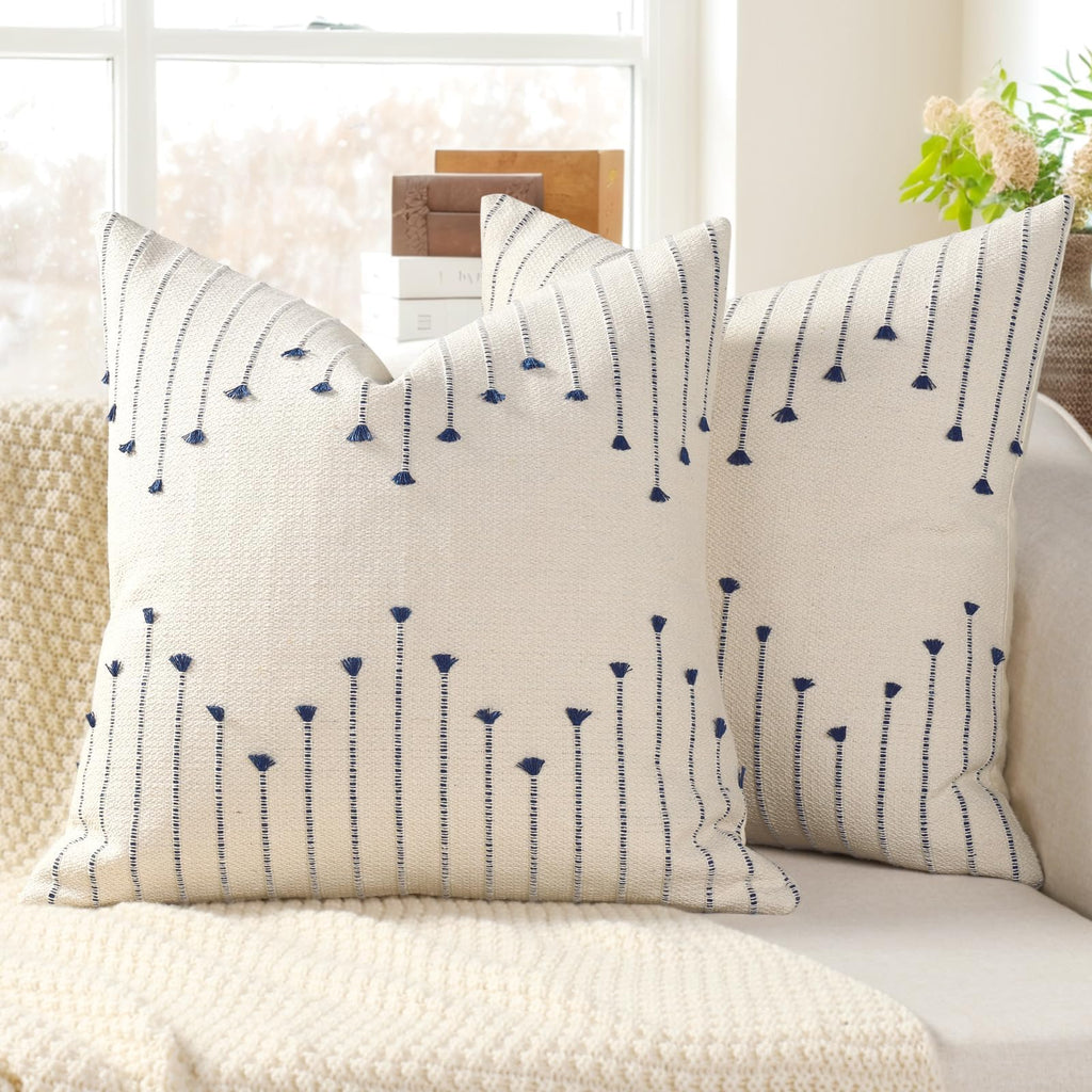 Boho Outdoor Throw Pillow Covers 18x18 Set of 2 Neutral Woven Decorative Pillowcases Cotton Tufted Couch Pillows Modern Farmhouse Cushion Covers for Sofa Couch Bed Living Room Home Decor, Navy Blue
