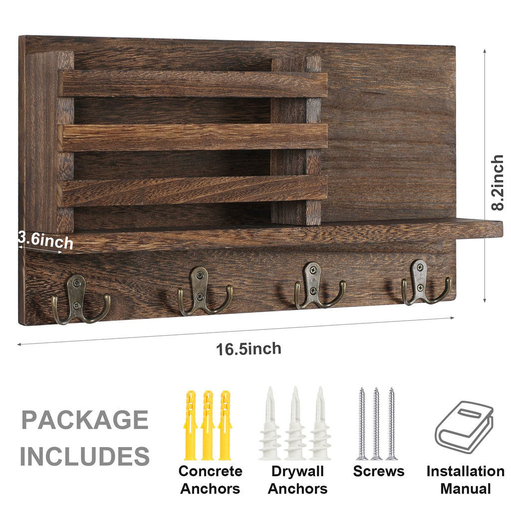 Key & Mail Holder for Wall - Rustic Natural Paulownia Wood, 4 Double-Hook Hangers - Wall Mounted Organizer for Decor, Bags, Accessories - Hardware & Manual Included (Brown)