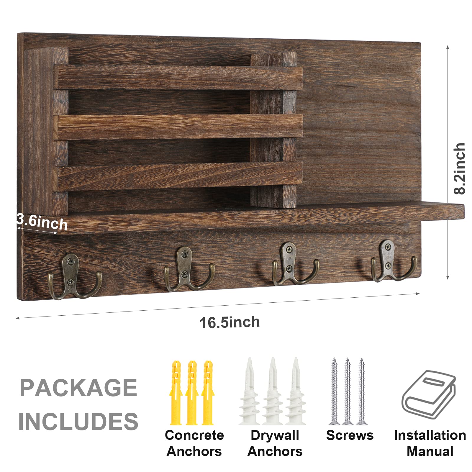 Key & Mail Holder for Wall - Rustic Natural Paulownia Wood, 4 Double-Hook Hangers - Wall Mounted Organizer for Decor, Bags, Accessories - Hardware & Manual Included (Brown)