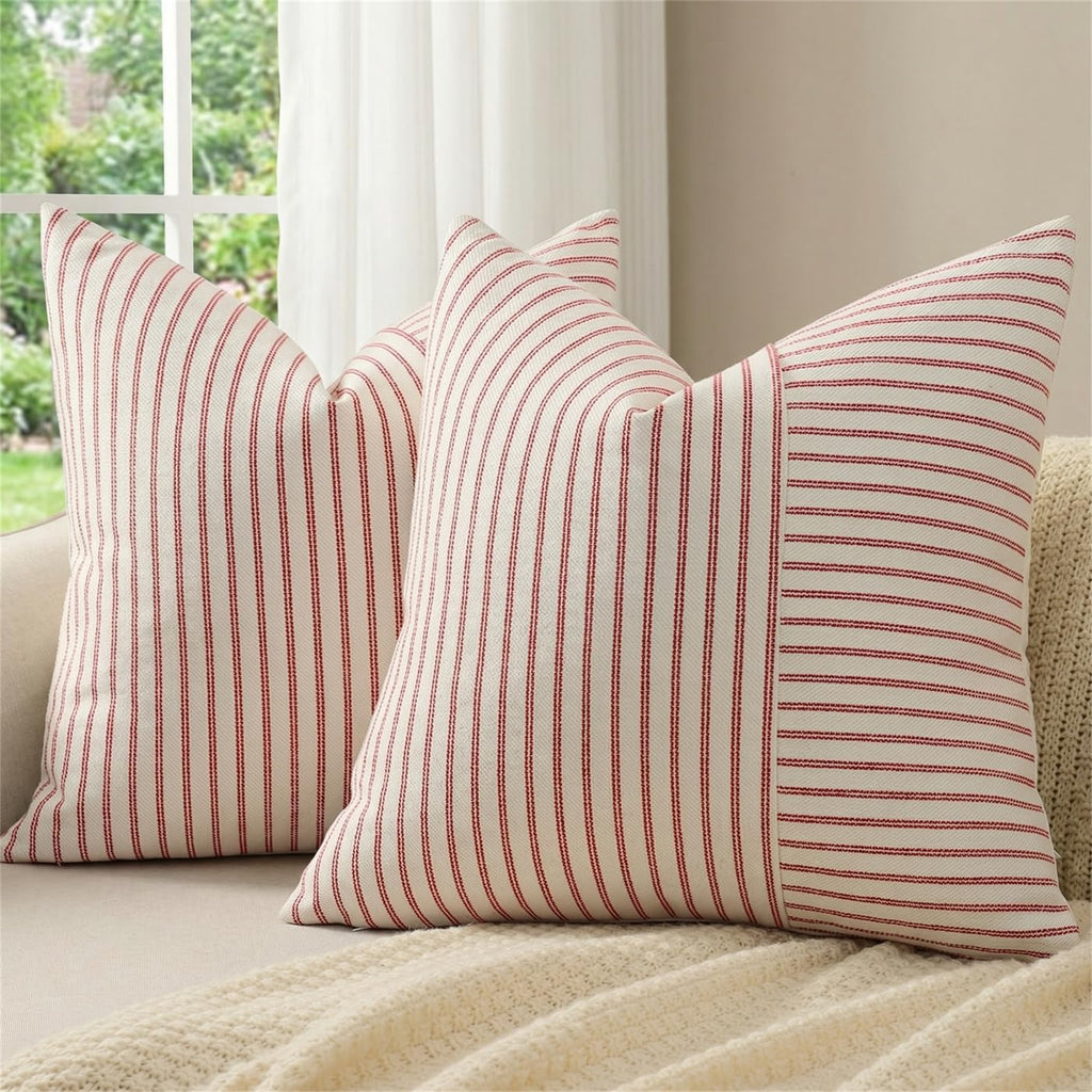 YCOLL Farmhouse Pillow Covers 18x18, Modern Accent Square Throw Pillow Covers Set of 2, Gray and Beige Striped Patchwork Linen Decorative Pillows Cushion Covers for Couch Chair Bedroom Home Decor