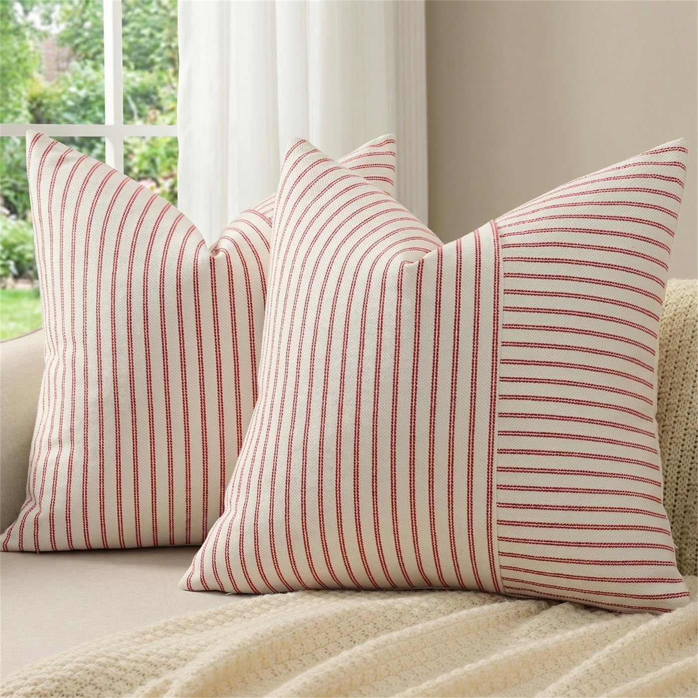 YCOLL Farmhouse Pillow Covers 18x18, Modern Accent Square Throw Pillow Covers Set of 2, Gray and Beige Striped Patchwork Linen Decorative Pillows Cushion Covers for Couch Chair Bedroom Home Decor