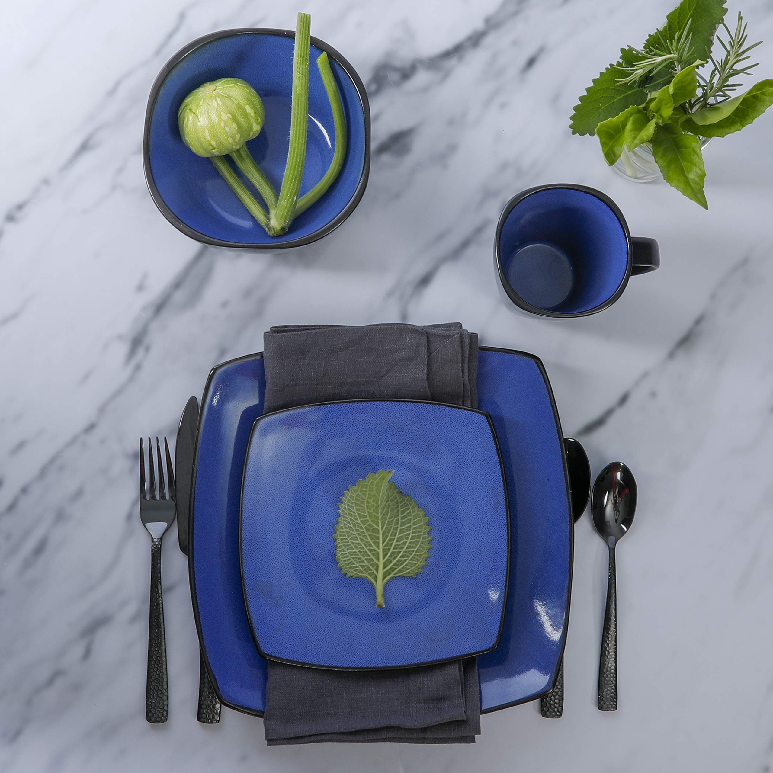 Gibson Elite Soho Lounge Square 16-Piece Dinnerware Set, Service for 4, Reactive Glaze Stoneware Plates and Bowls, Modern Dishes, Microwave & Dishwasher Safe – Red and Black