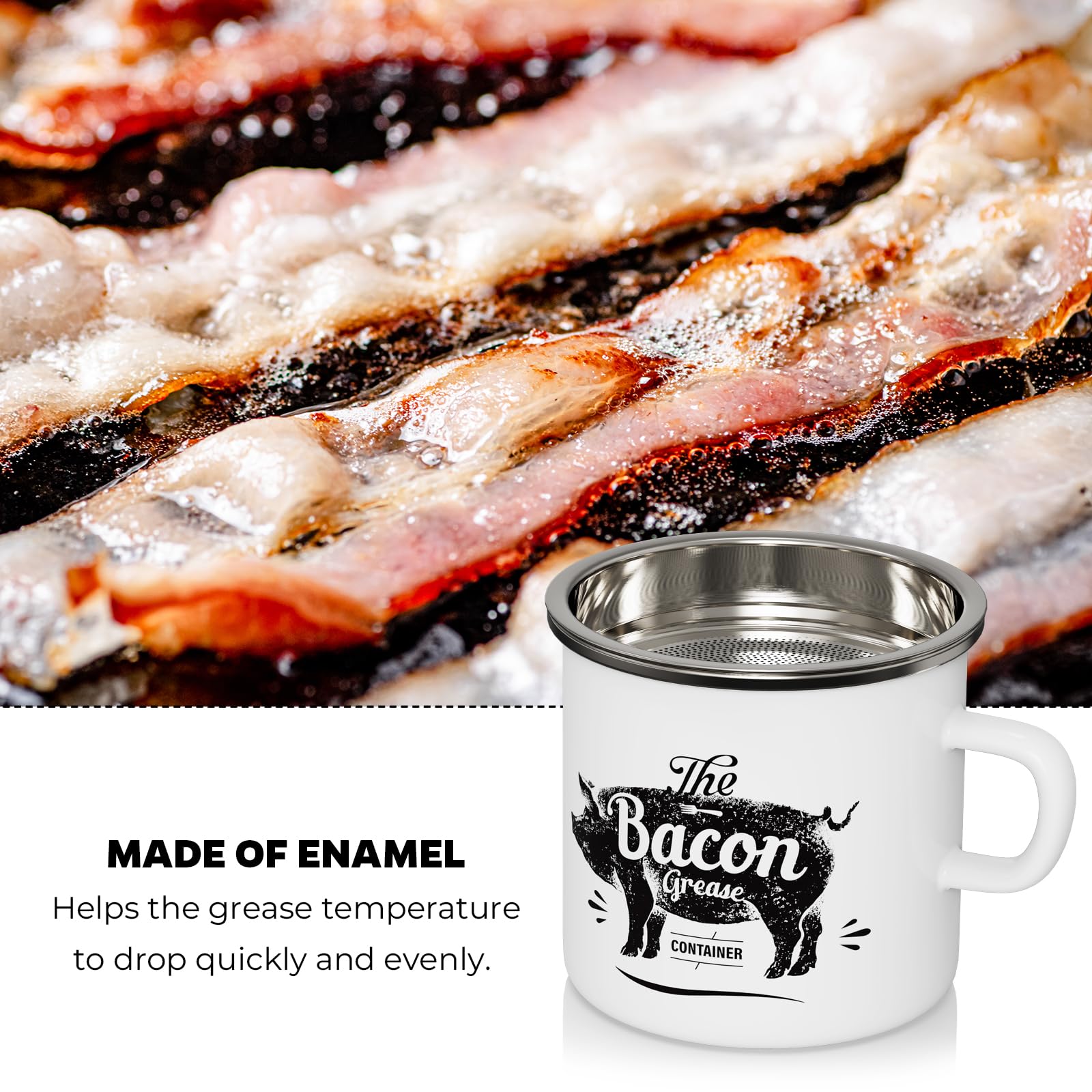 PGYARD Mini Bacon Grease Container With Strainer - 15OZ Enamel Grease Saver, Farmhouse Bacon Grease Keeper For Kitchen Fat Storage, Dishwasher Safe-Red