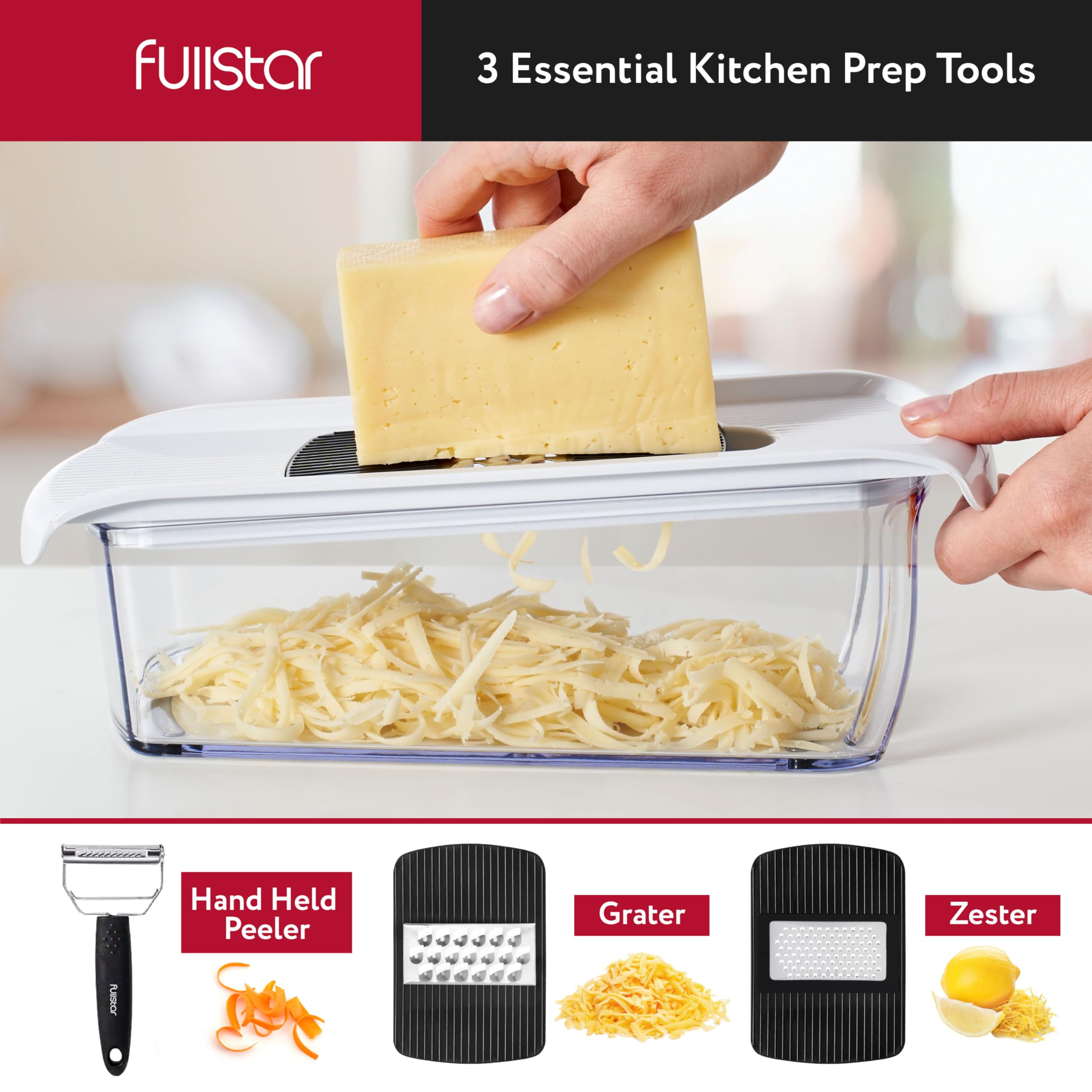 Fullstar Mandoline Slicer for Kitchen, Fruit Cutter, Cheese Grater, Cucumber Slicer, Veggie Spiralizer, Food Cutter & Kitchen Gadgets & Gifts with Safety Glove (6 in 1, White)